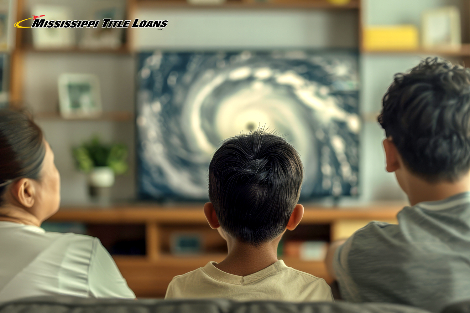 family looks at weather report on hurricane in Mississippi