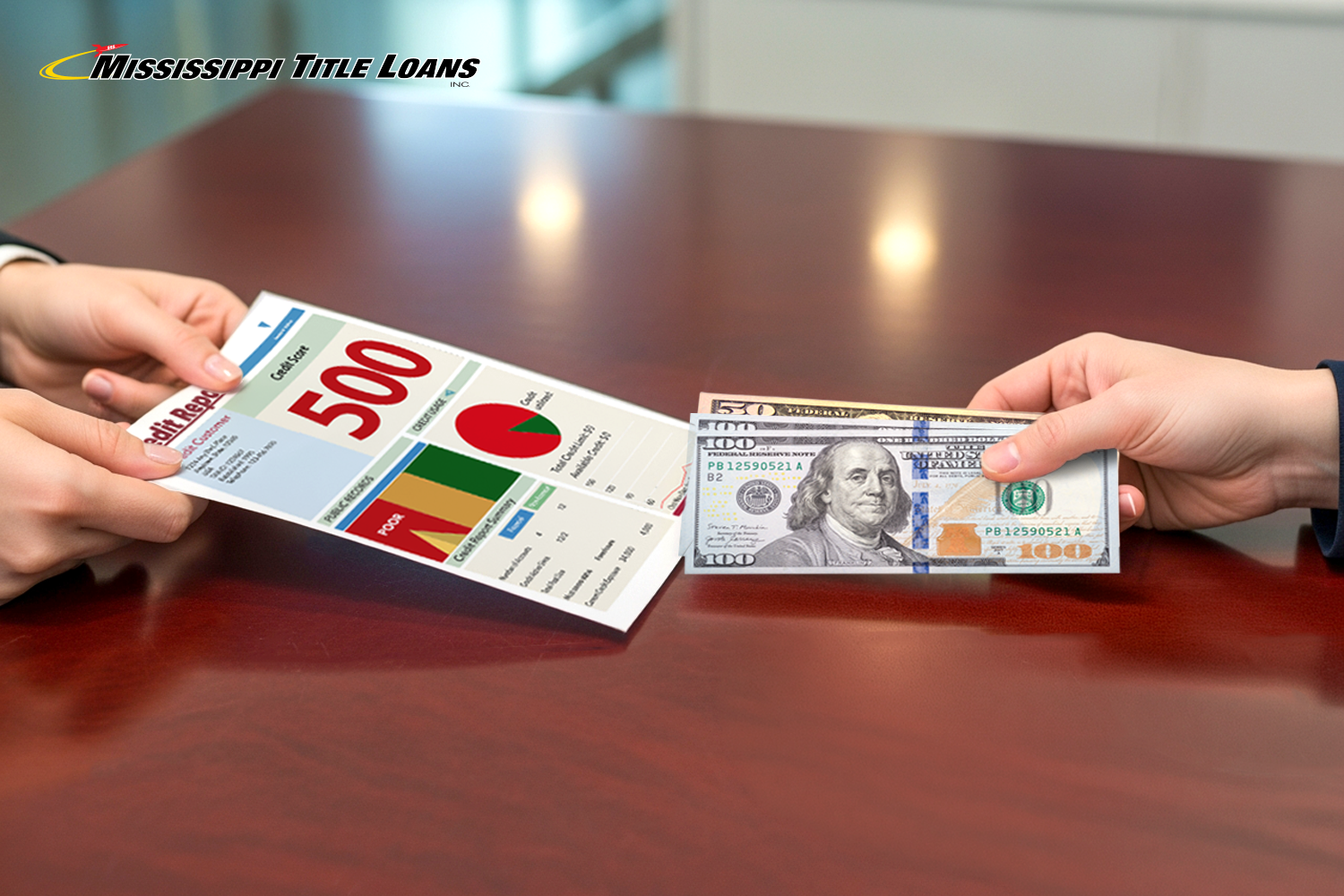 a bad credit report and cash advance money on a table