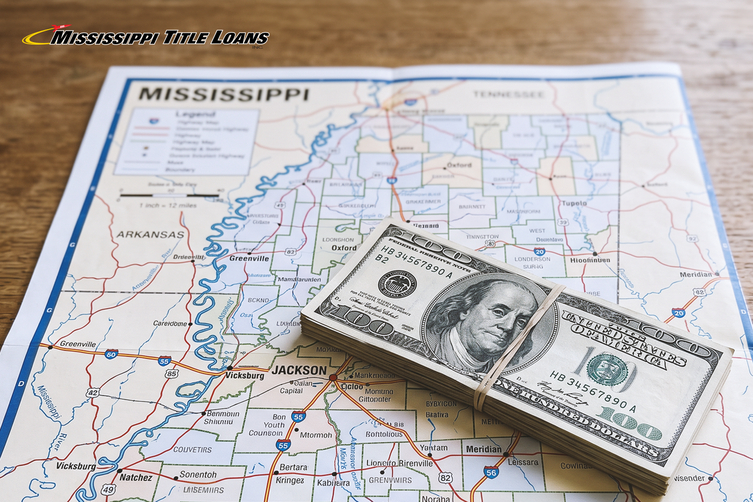 $2,000 from a title loan in Mississippi on a map
