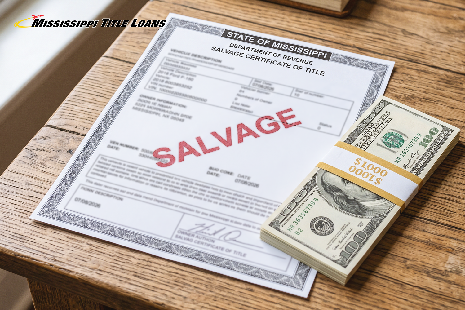 salvage vehicle title with a stack of title loan cash