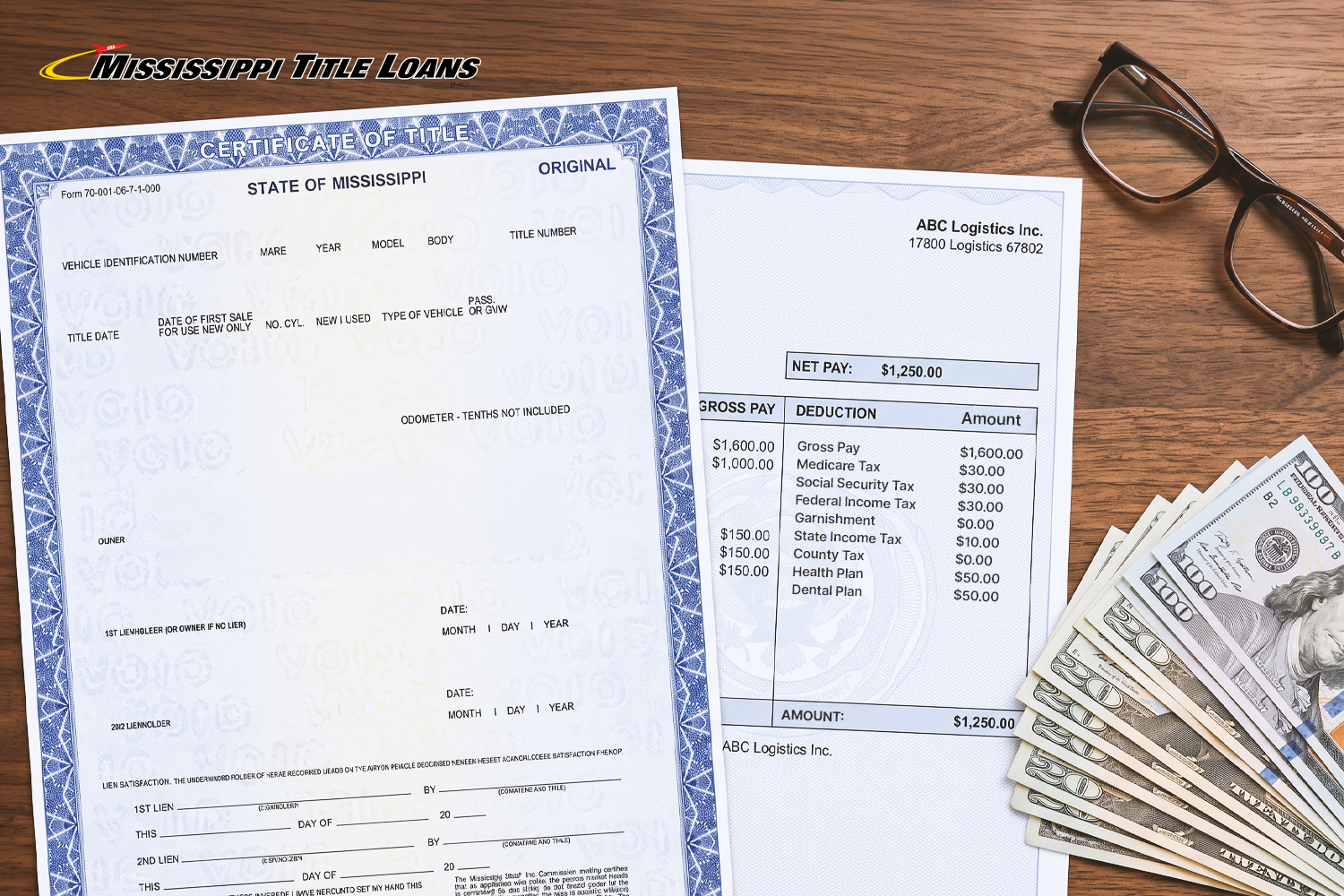 vehicle title on table with a pay stub and cash