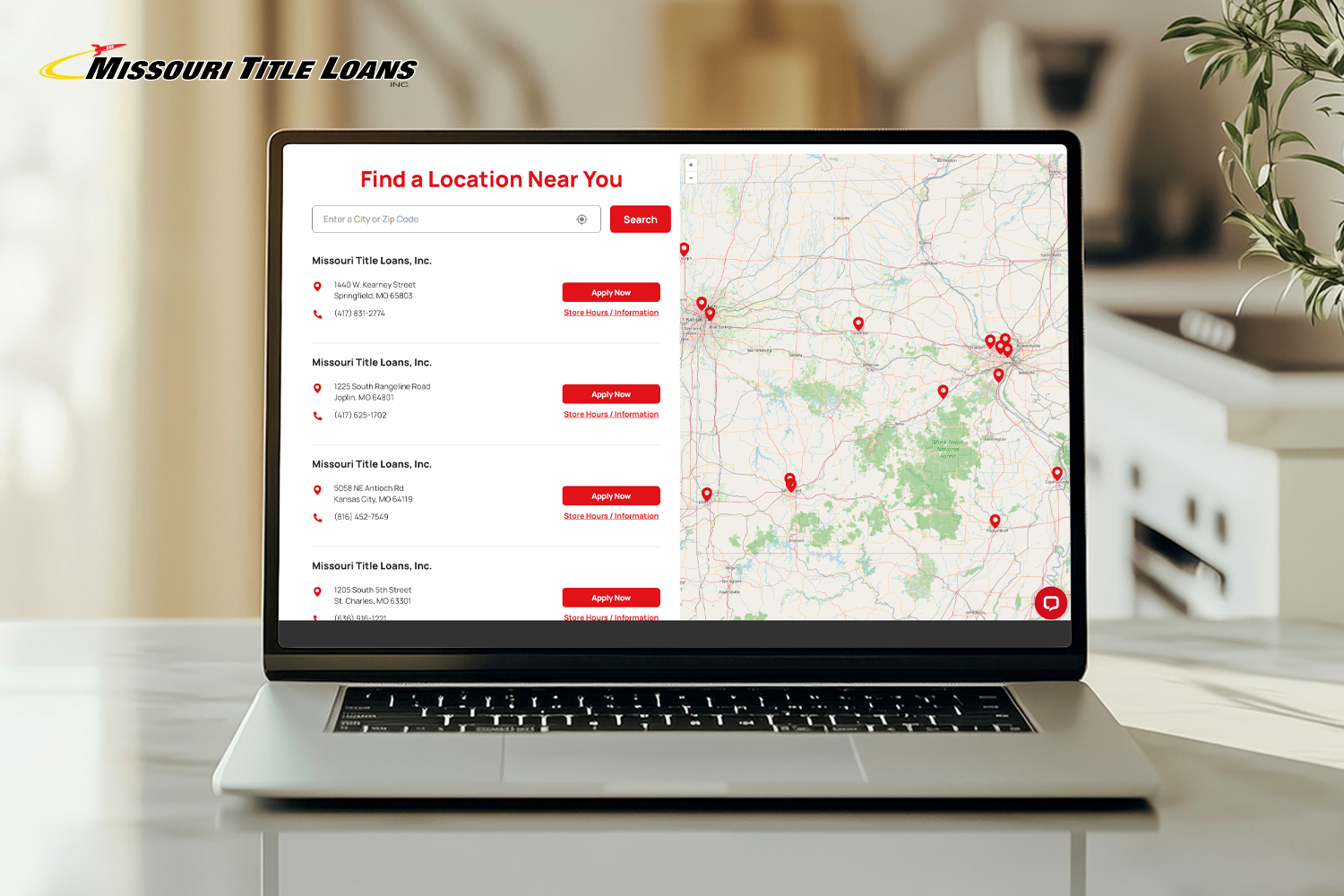Missouri title loans locations listed and a map with pins 