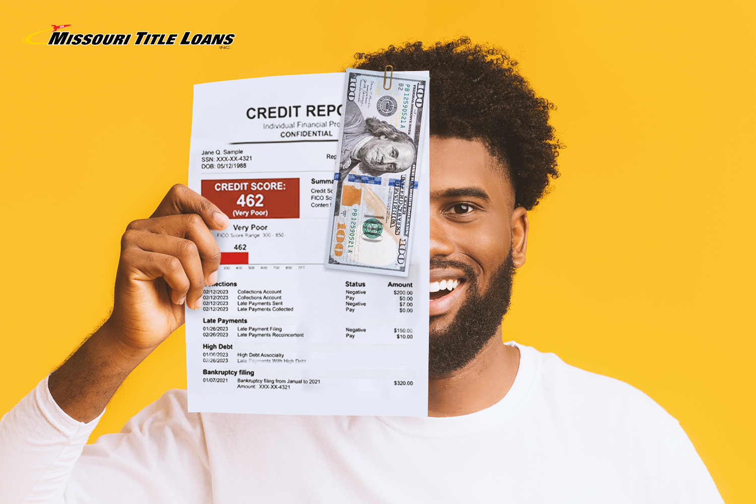 man holds a bad credit report and $100 from title loans