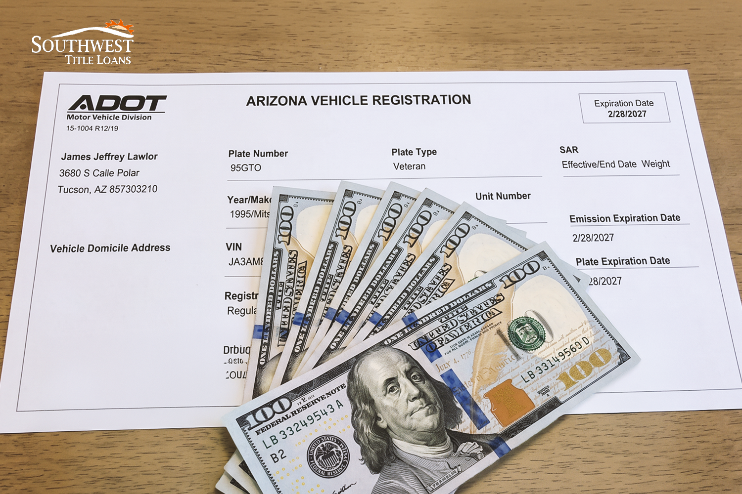 arizona vehicle registration document and money