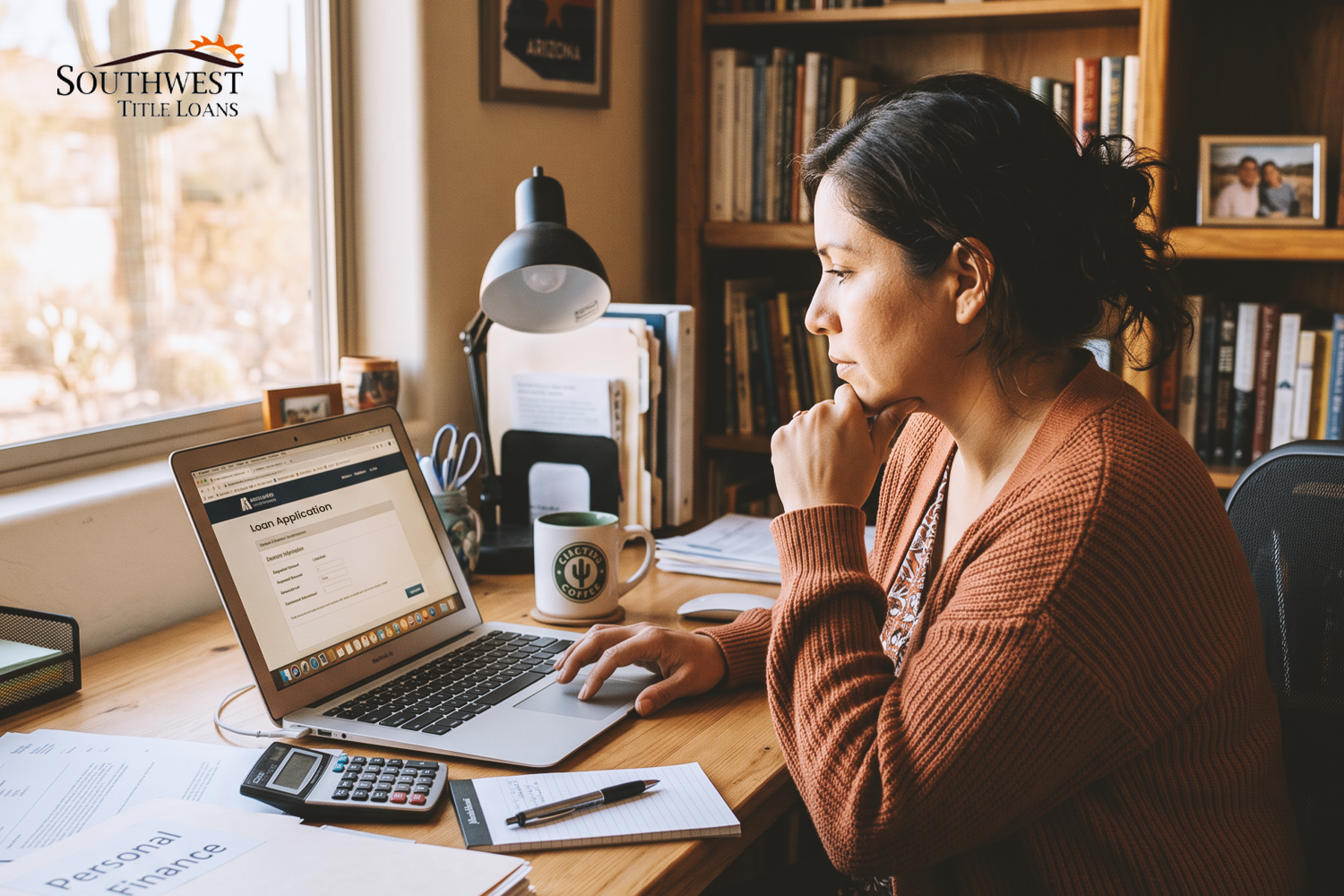 Woman applying for online title or registration loan from her home office on laptop