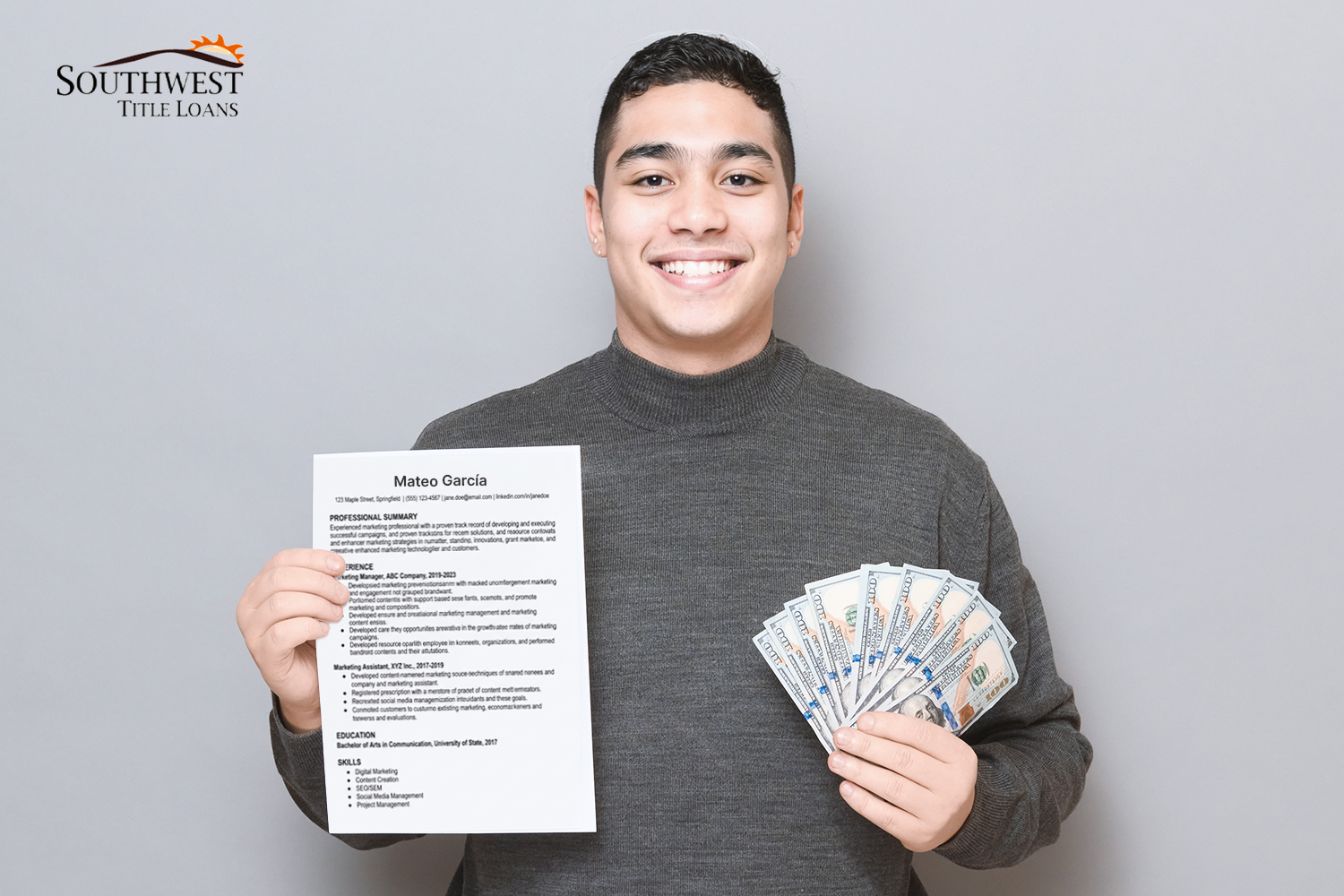 man holds title loan cash and his resume