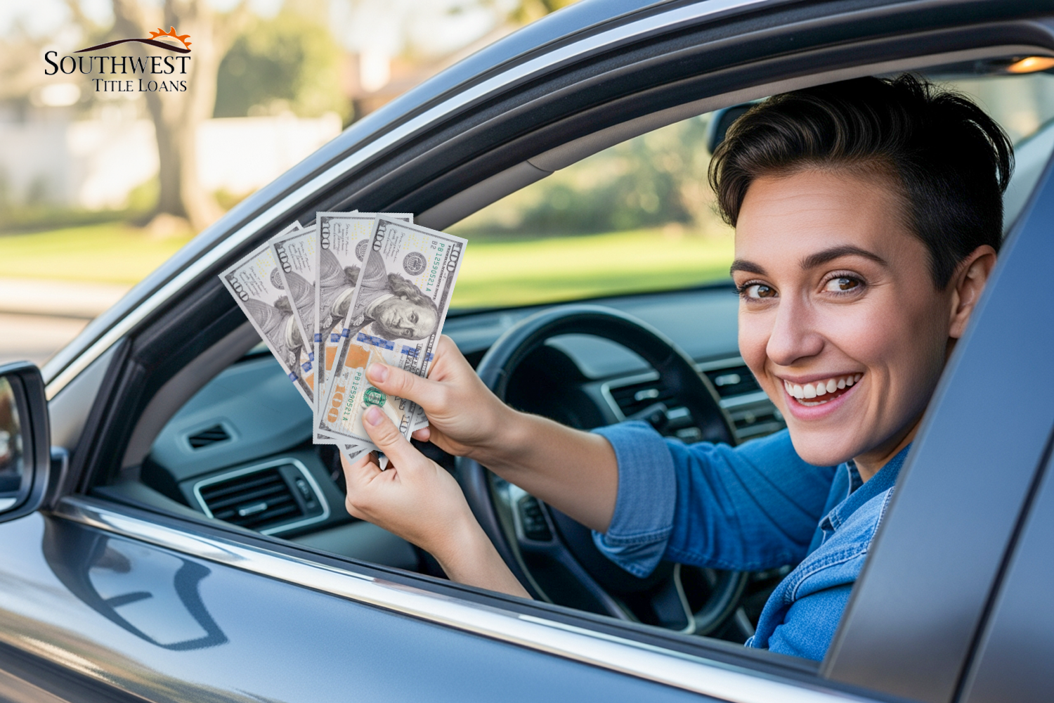 woman holds $400 title loan in car