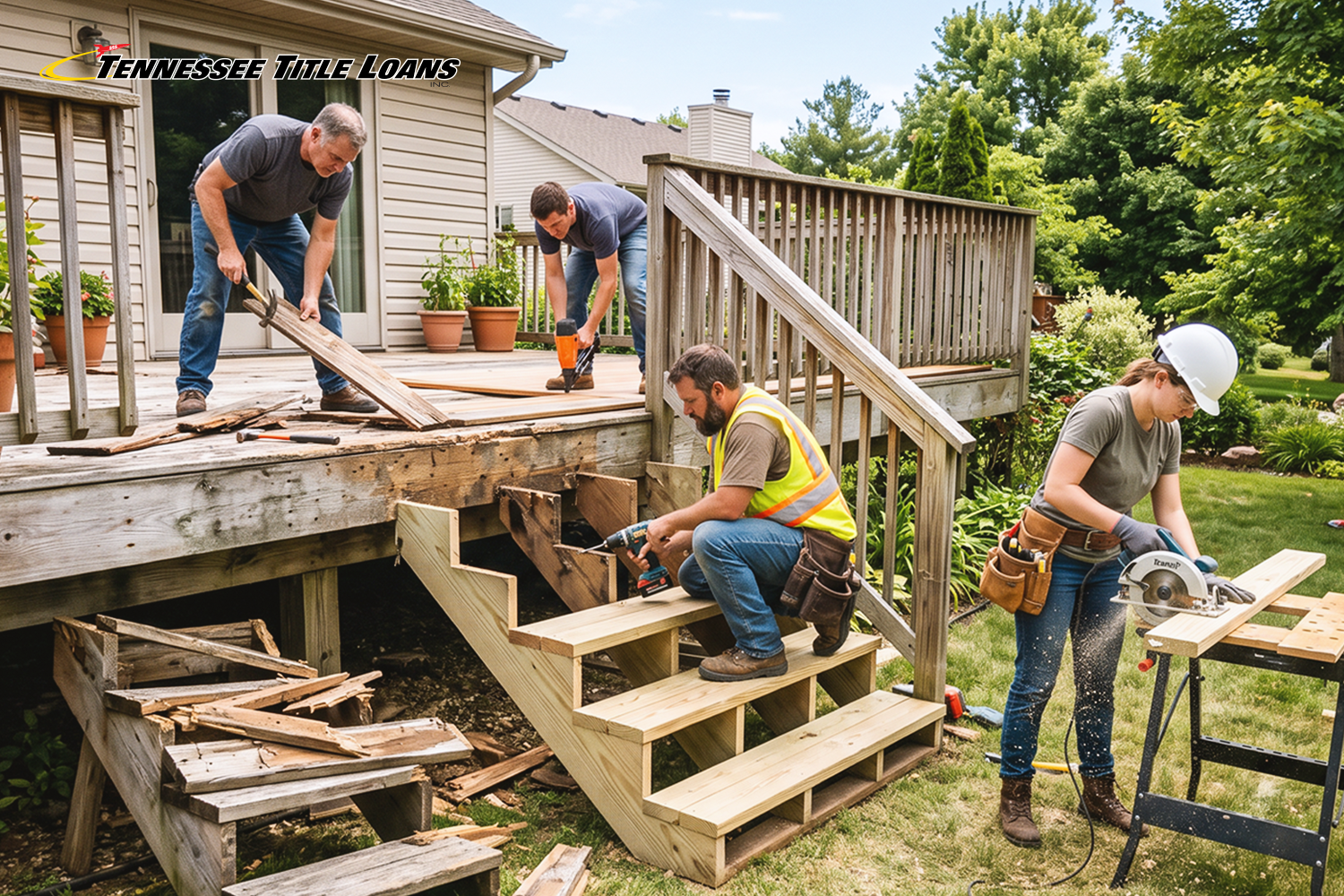 contractors working on backyard deck repair