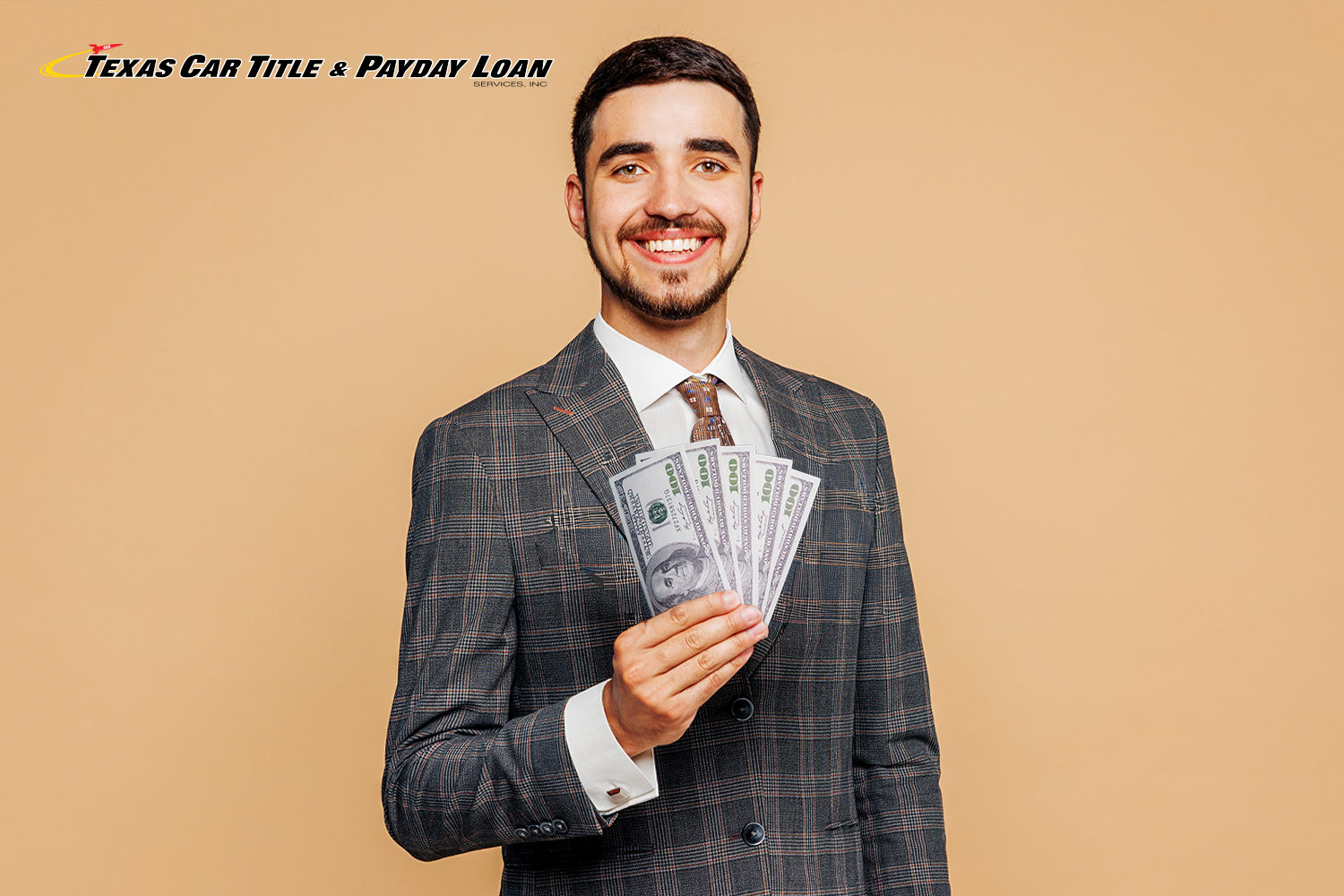 man with new job holding cash advance