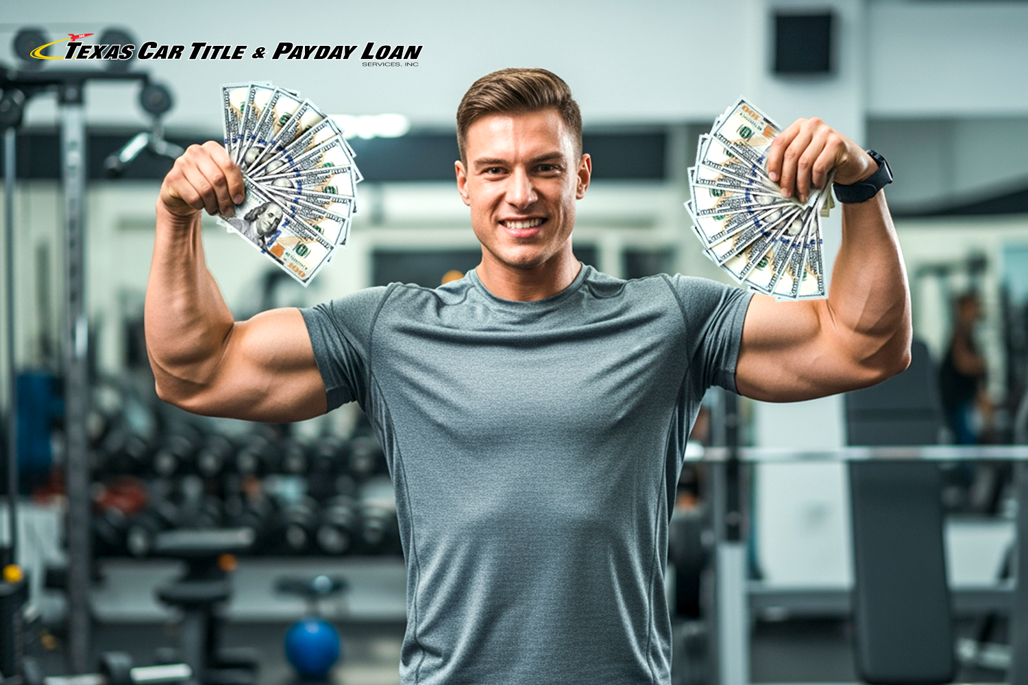 man flexing his arms and holding cash saved in money saving challenges