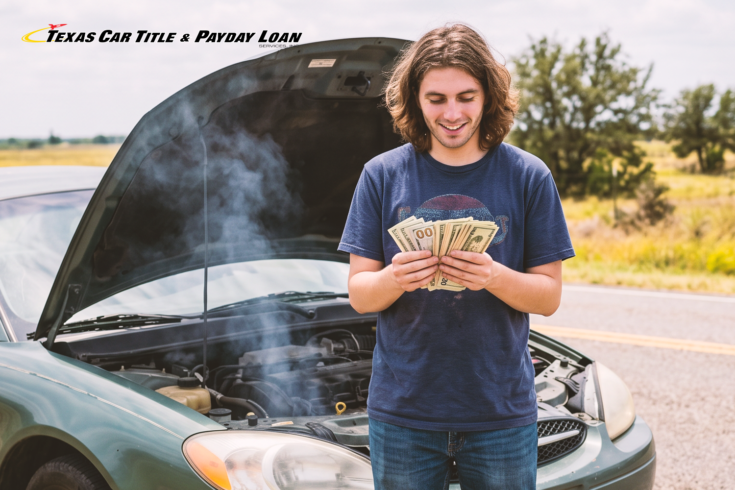 man holding 3,000 dollars from a Texas title loan in front of broken down car