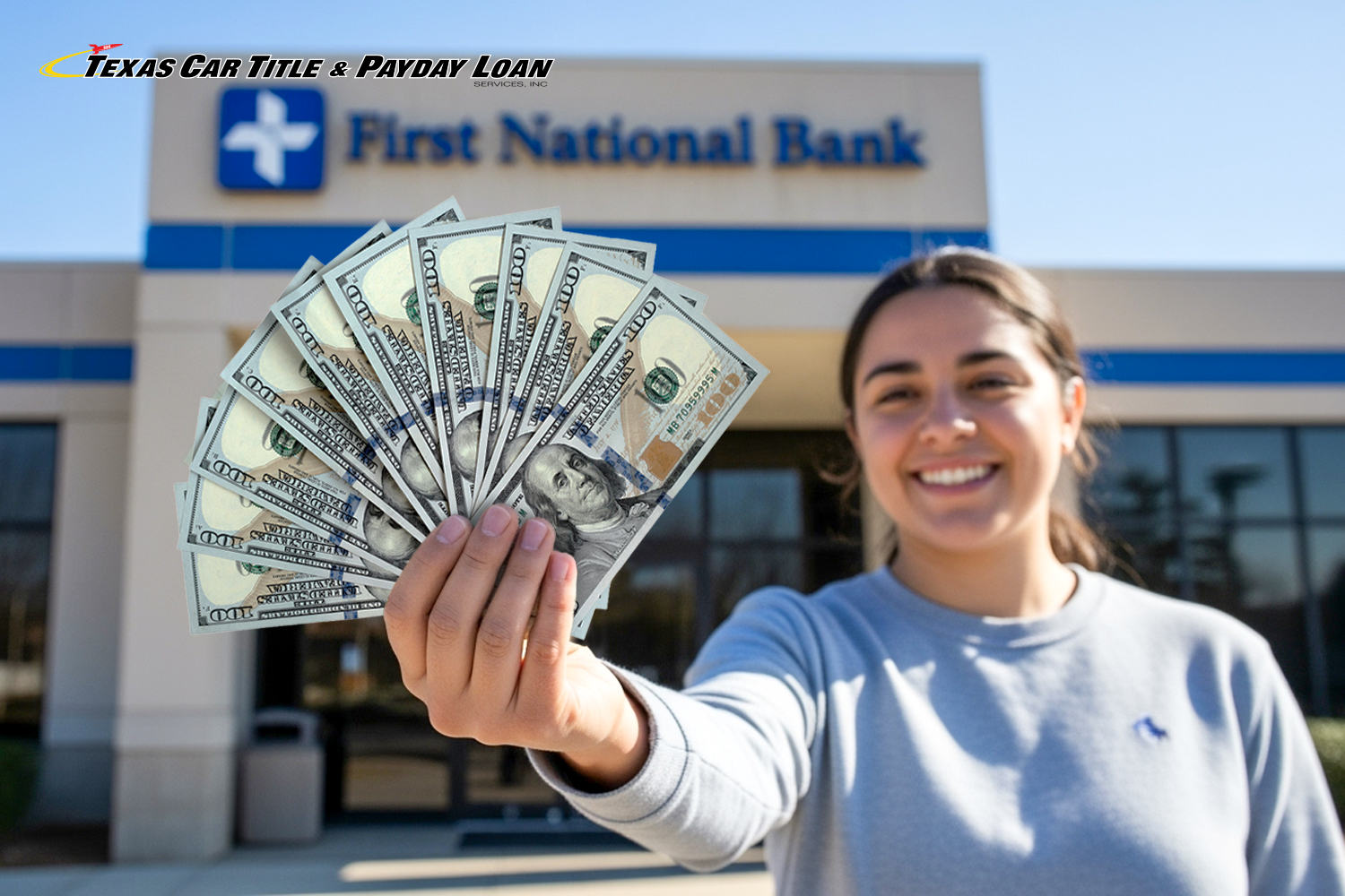 woman holds cash advance money from loan outside of a bank