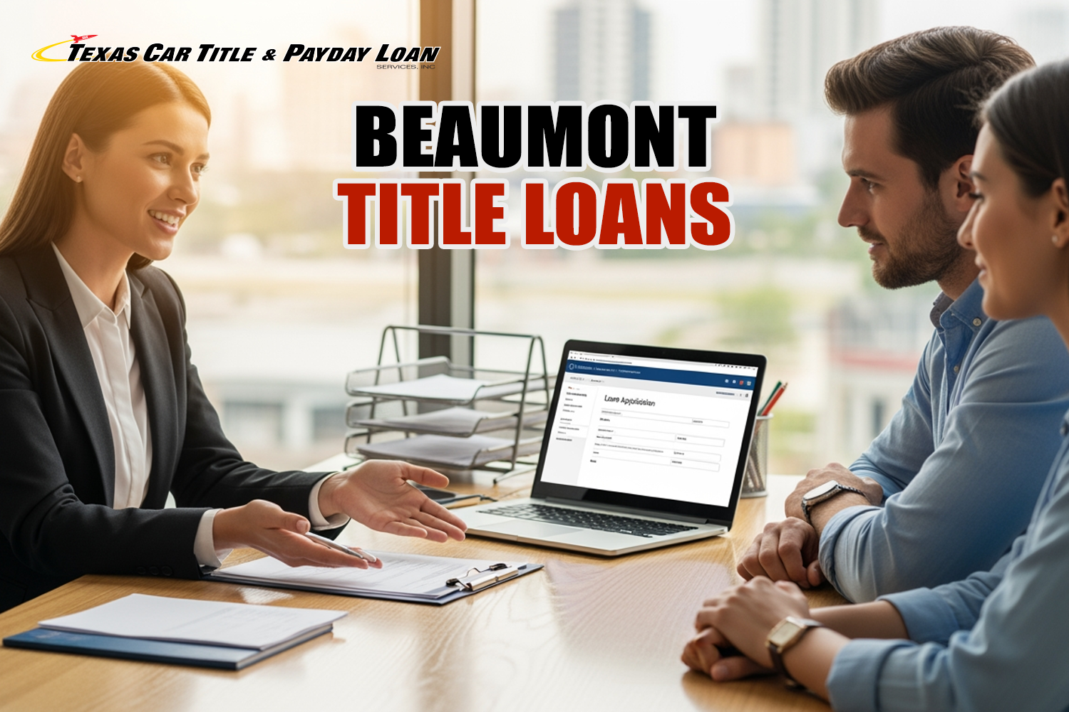 representative explaining title loans in Beaumont, TX to couple