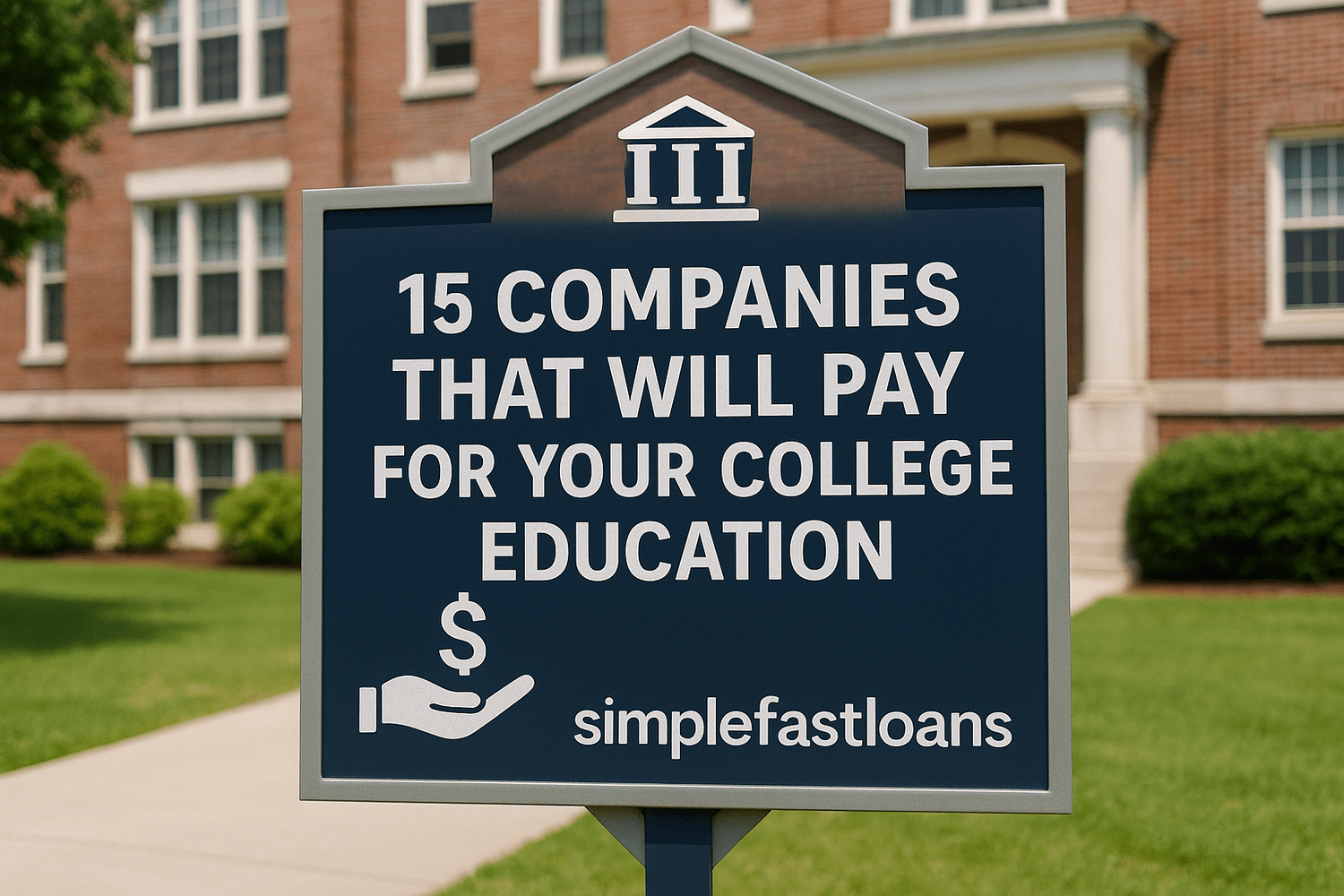 Sign on campus saying 15 companies that will pay for your college education