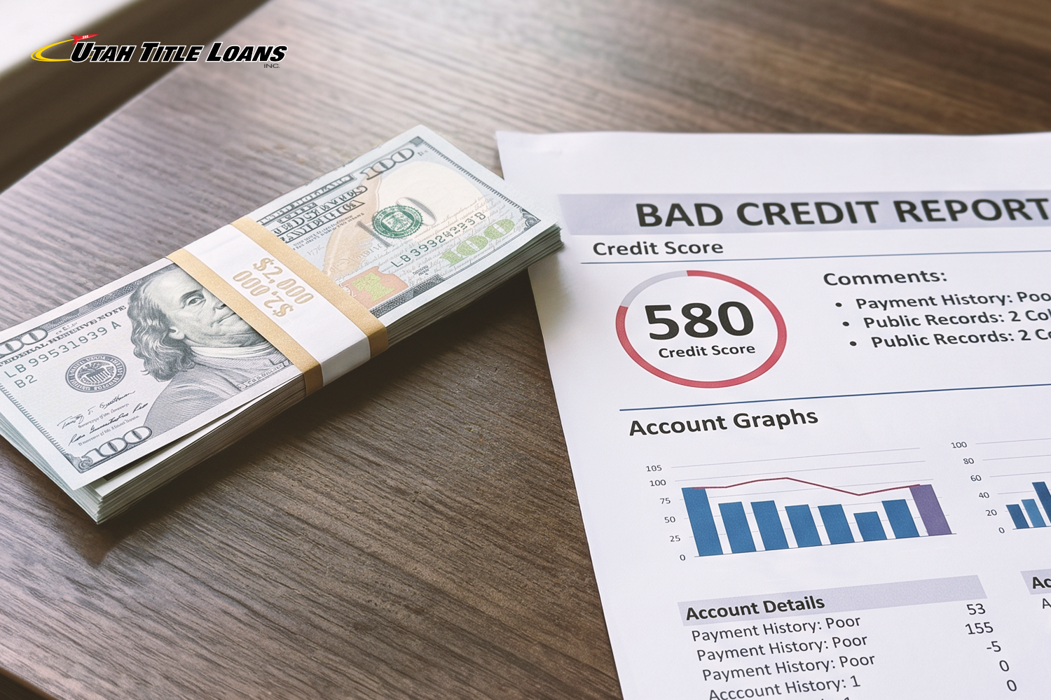 stack of cash and a bad credit report with score circled