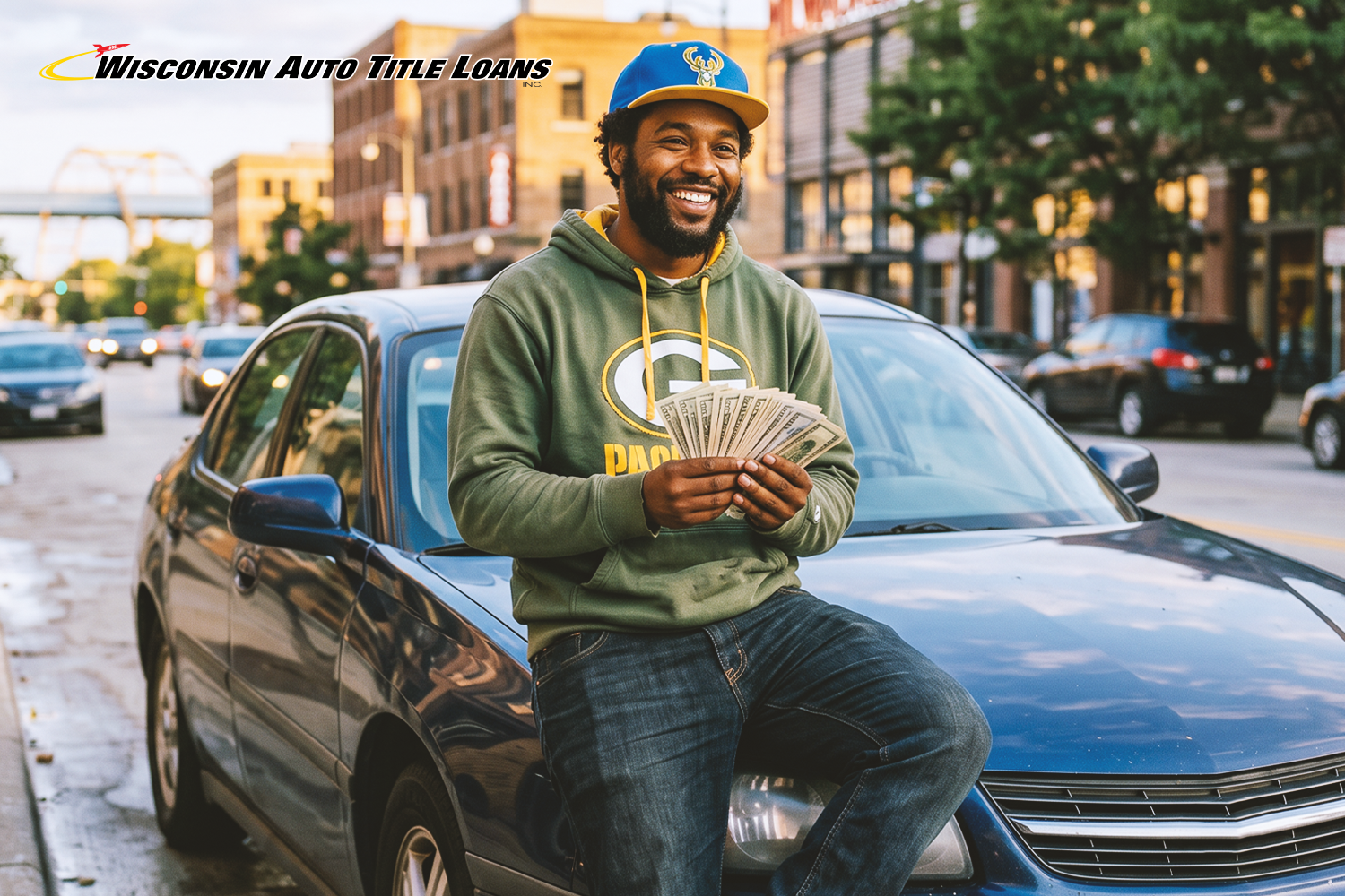 man sitting on his car holding up title loan cash