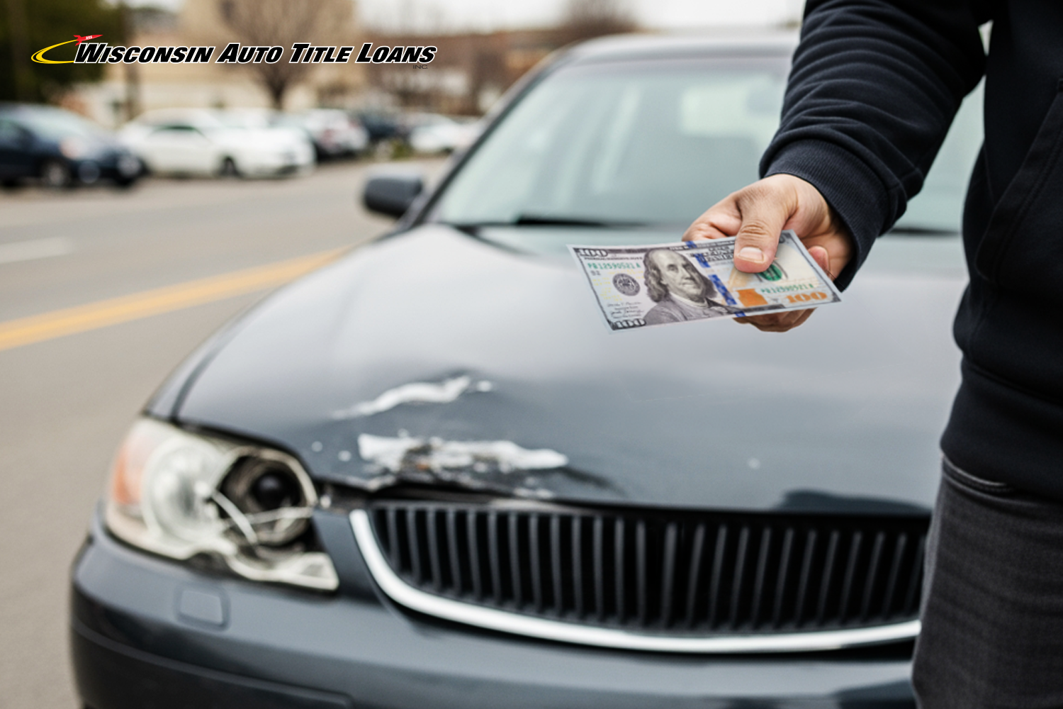 man holds $100 bill from a title loan outside car