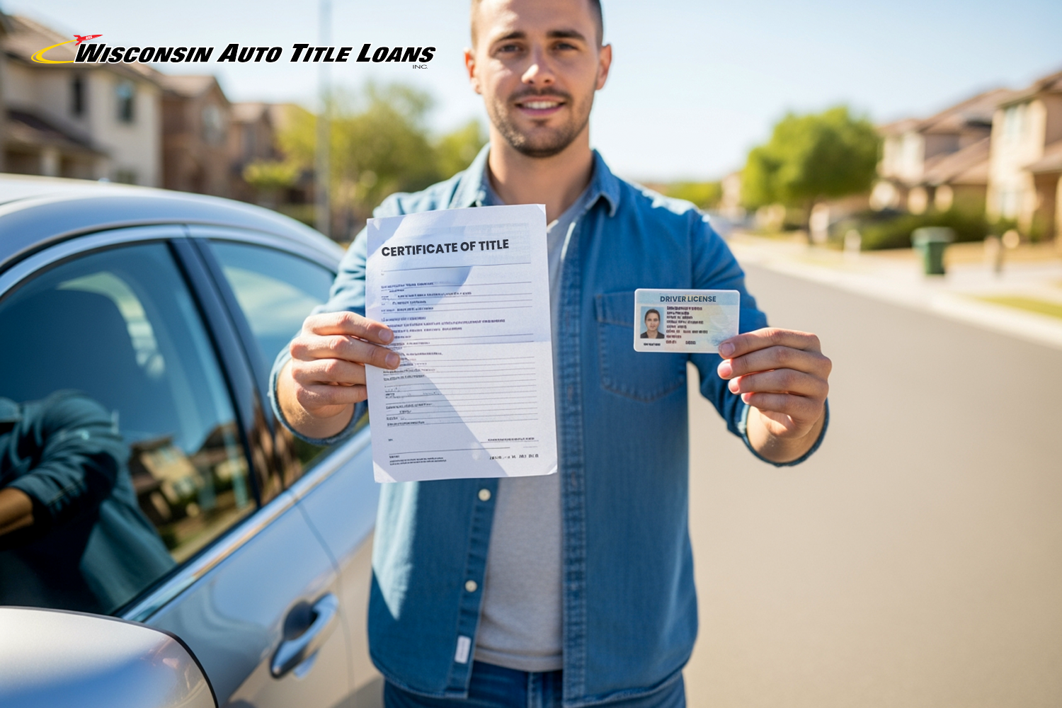 man holds his car title and license in front of car