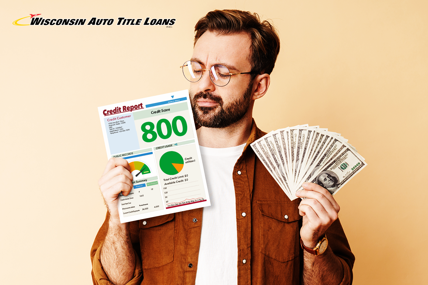man holds emergency cash and credit report