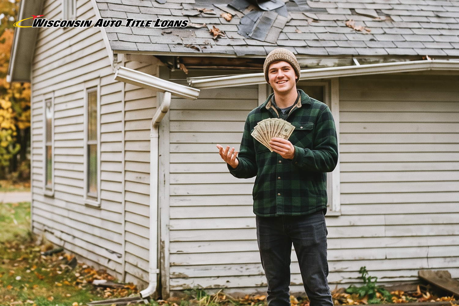 man holds $15,000 title loan in Wisconsin outside home that needs repairs