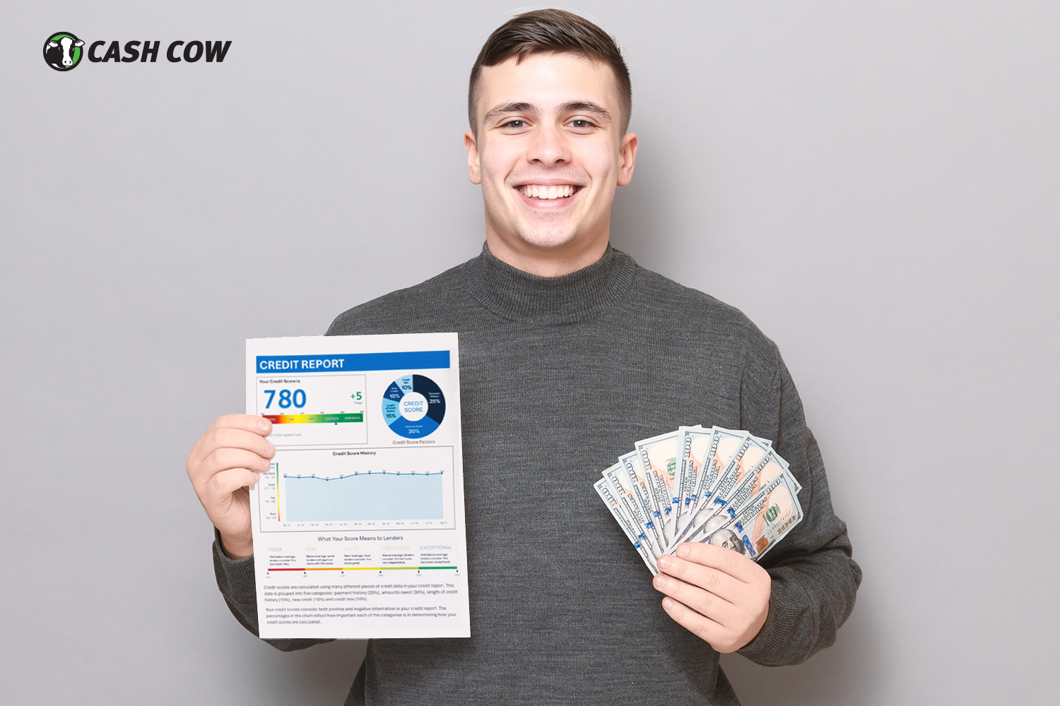 man holds payday loan cash and credit report