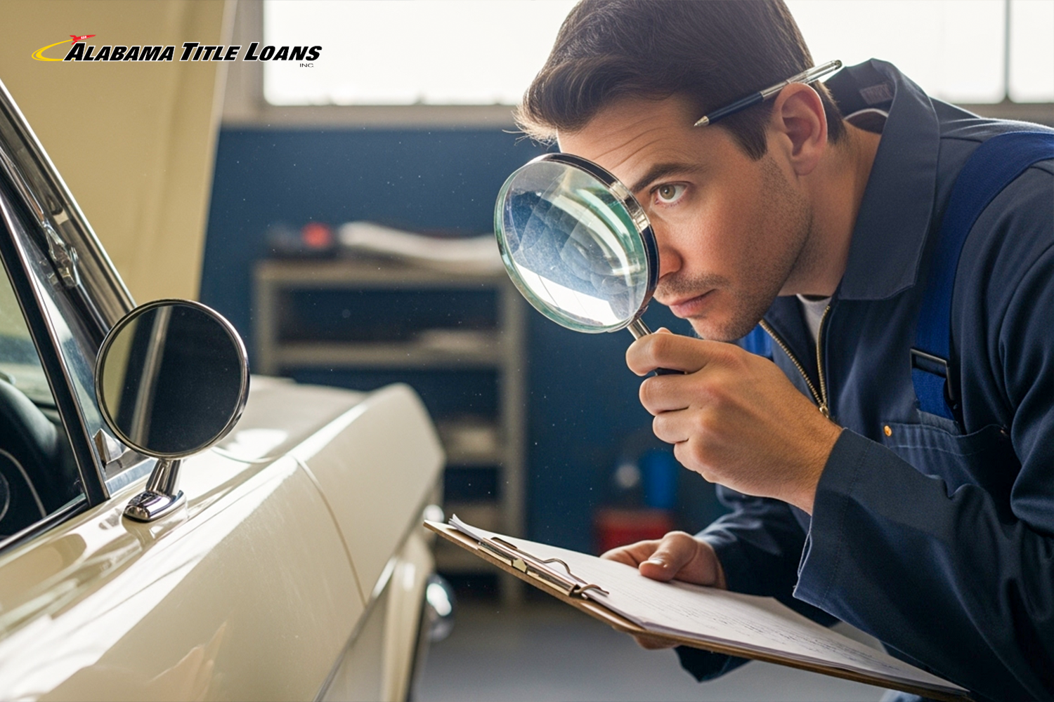 man inspects car's value for title pawn