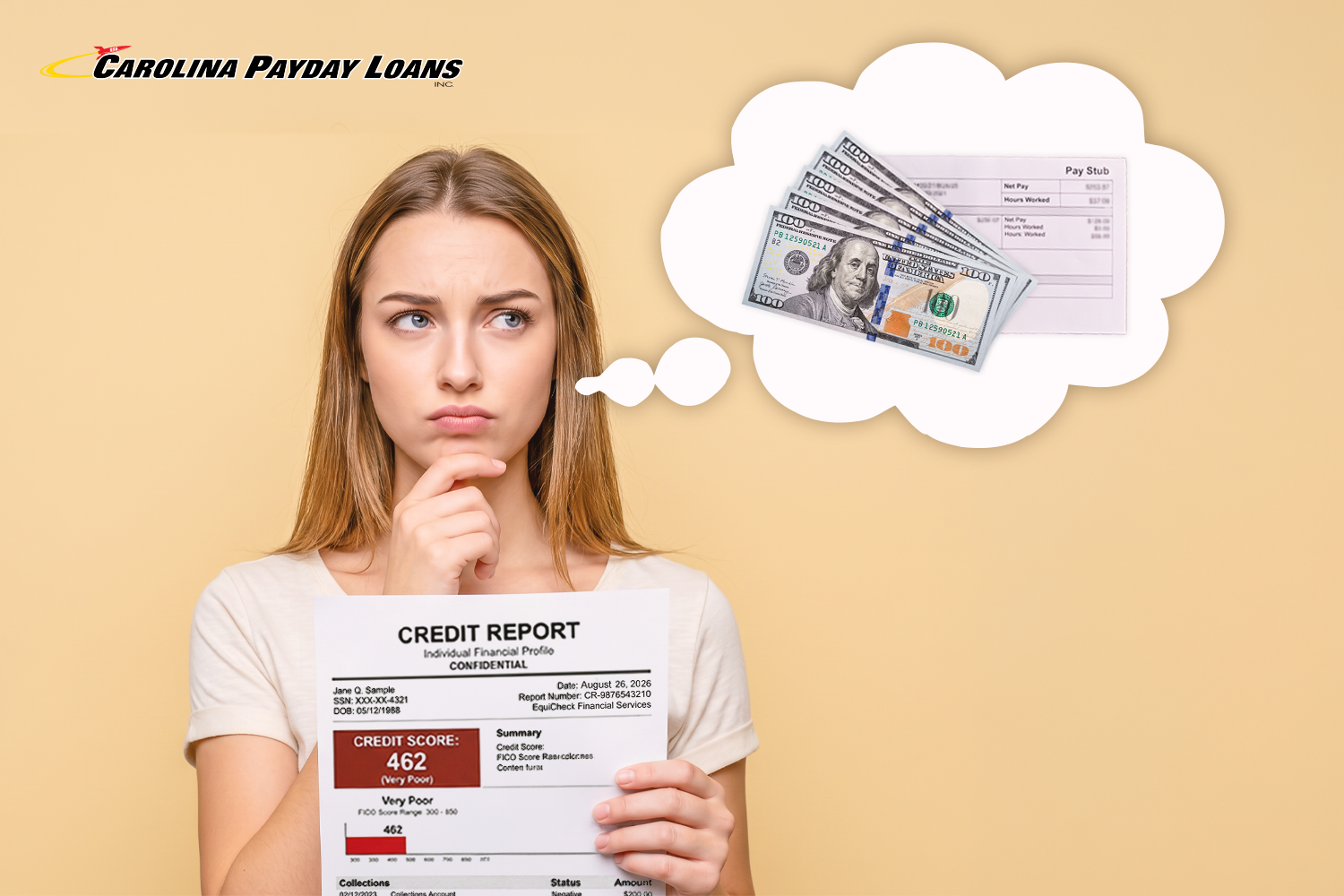 woman holding credit report thinking about payday loan money