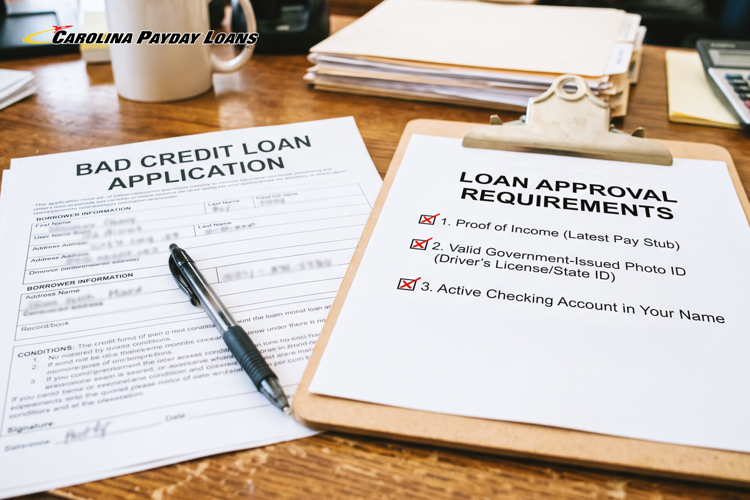 bad credit loan application and a pen and loan approval requirements list