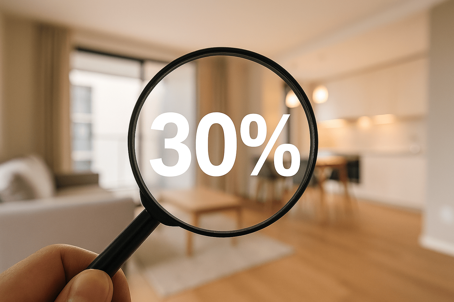 Magnifying glass over 30 percent in an apartment