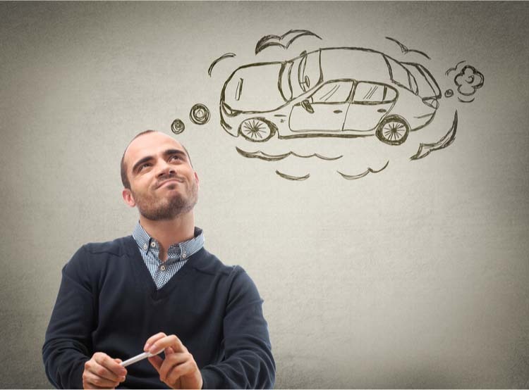 man thinking about car title loan