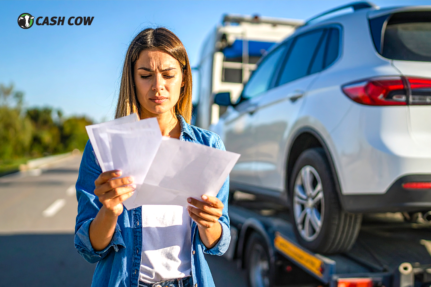 woman struggling after a car repo