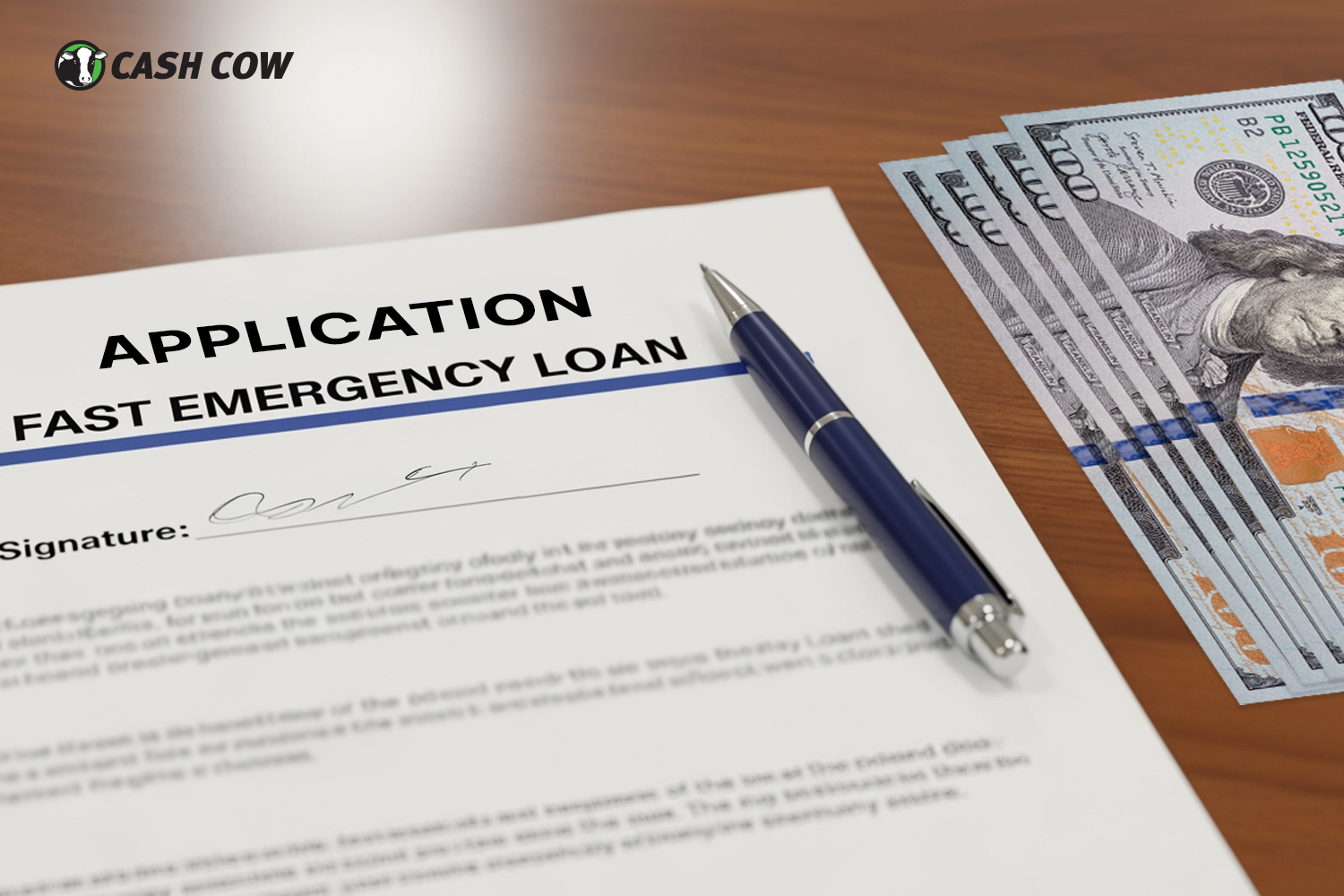 filling out an emergency cash application with cash next to it