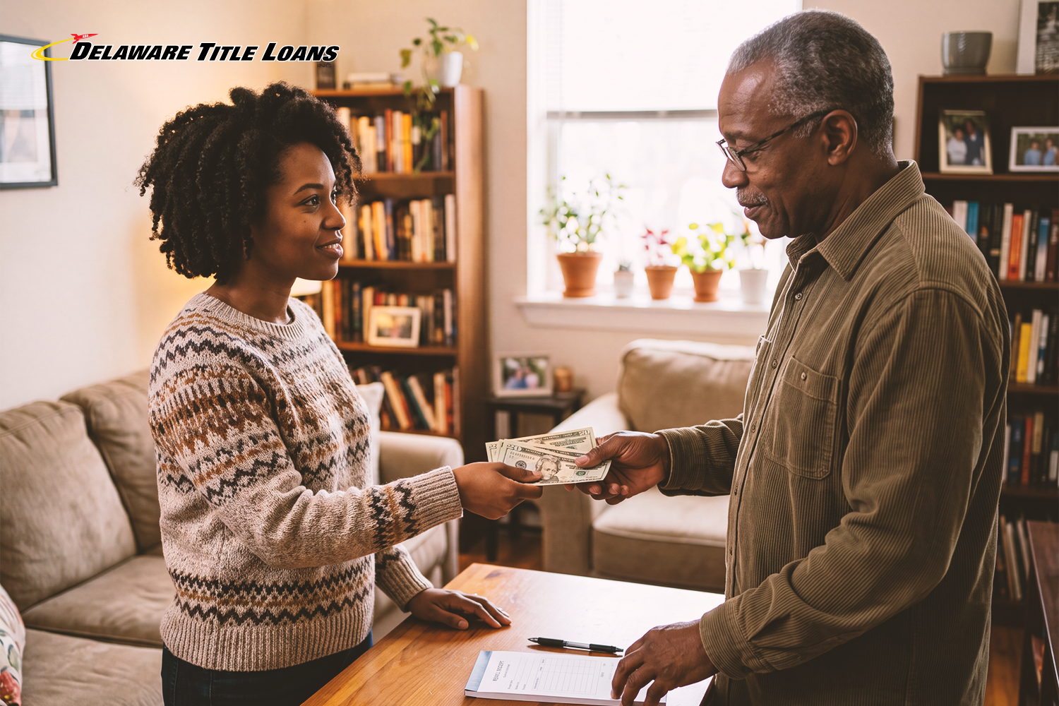 woman pays for rent with title loan cash