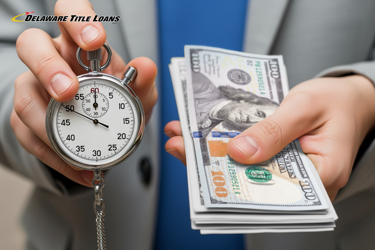 holding $1,500 with a stopwatch for fast loans