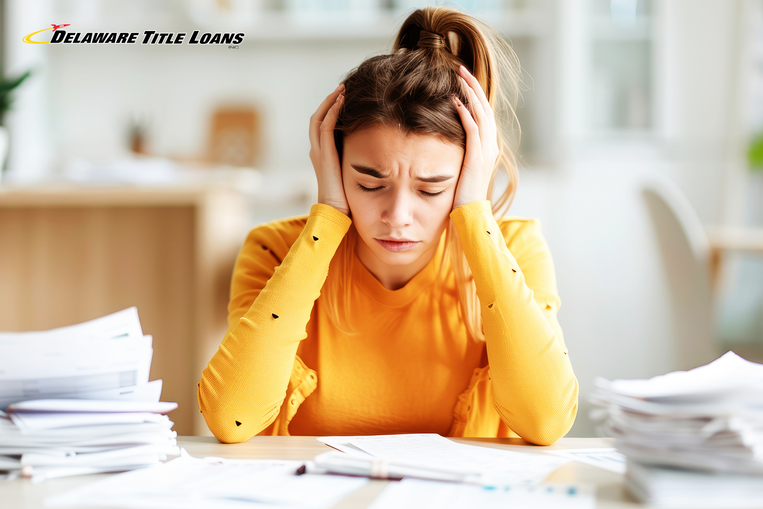 woman struggles to pay bills and needs a title loan for help