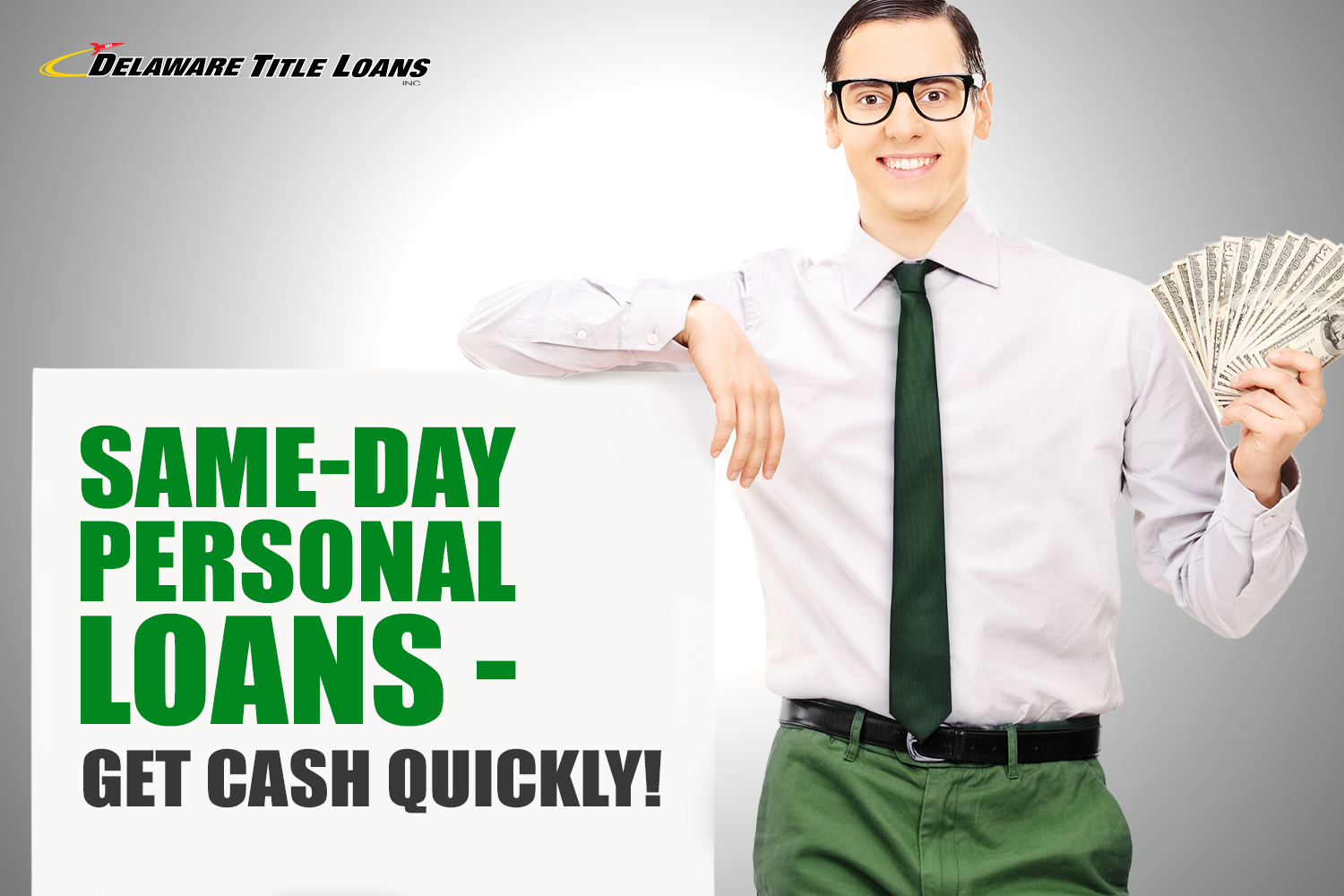 man celebrates same-day personal loan for bad credit with text Same-Day Personal Loans Get Cash Quickly