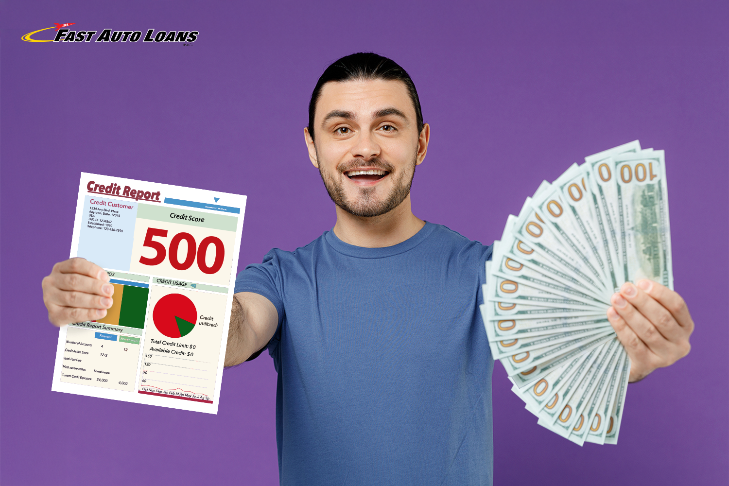 man with poor credit gets $2,000 loan and is holding title loan cash and credit score paperwork