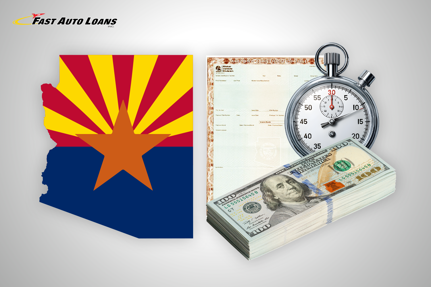 Flag and state shape of Arizona with stopwatch for getting approved for title loans quick in Arizona