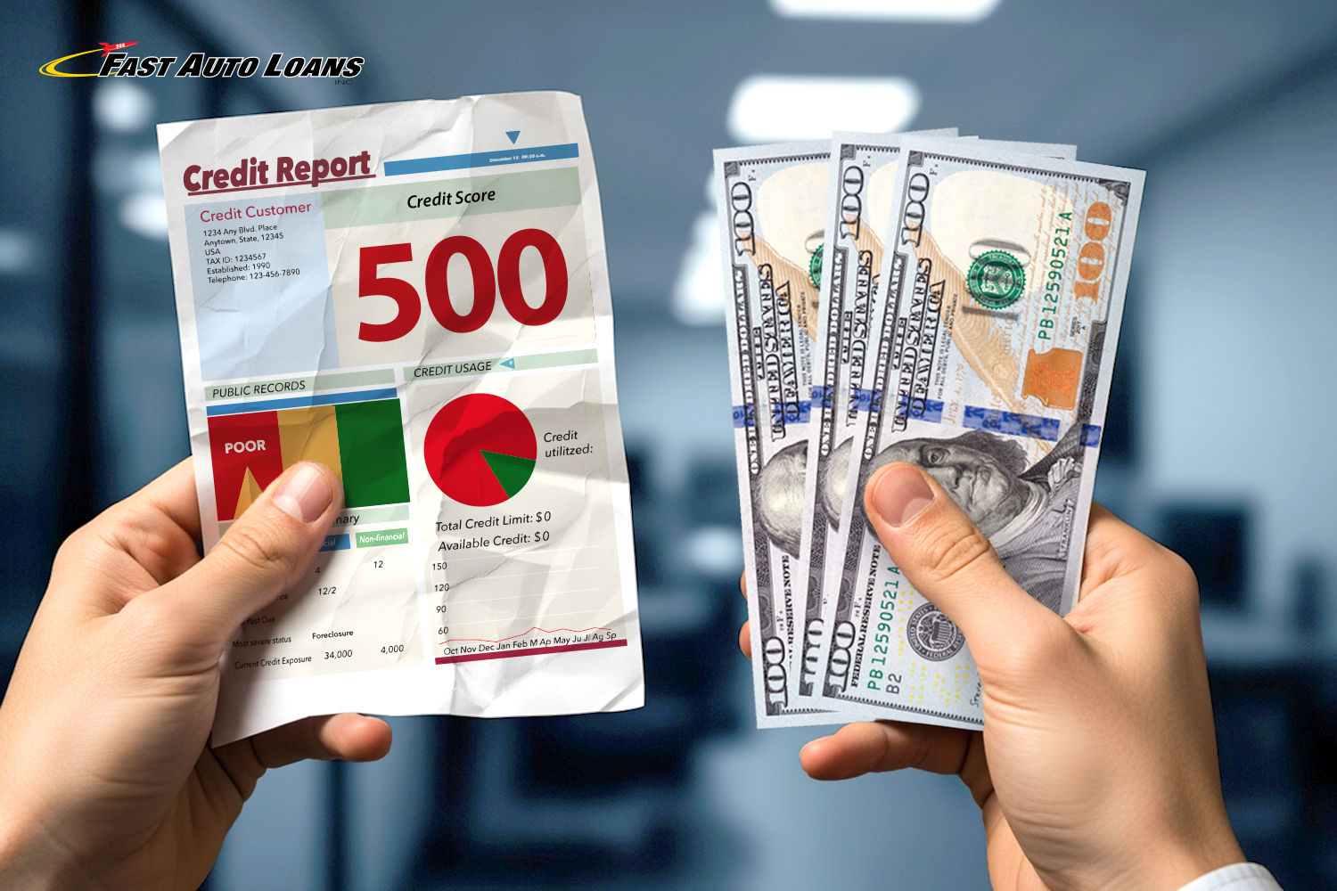 hands holding $300 cash and a bad credit report