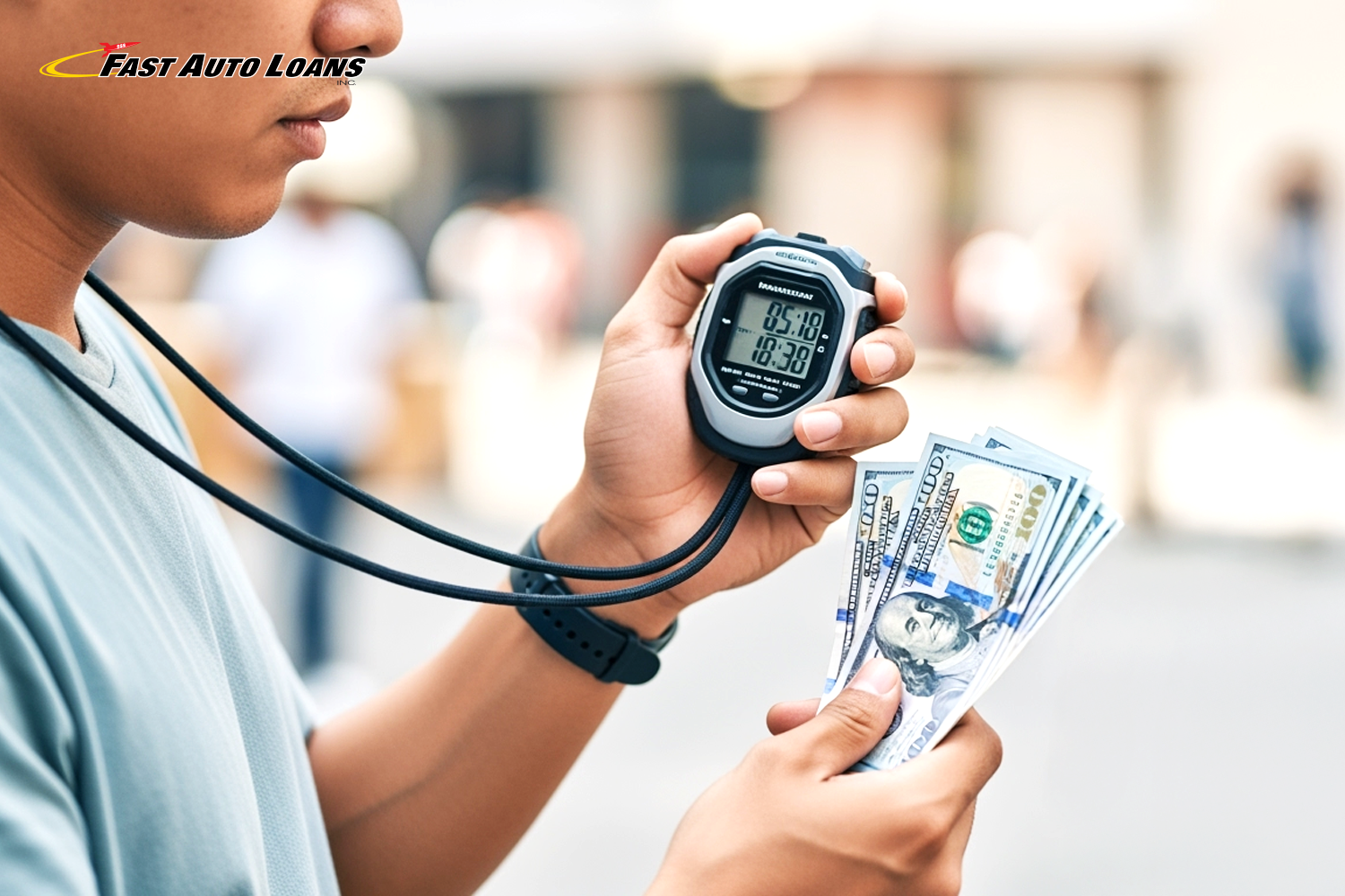 man with a stopwatch timer getting title loan cash fast for emergencies