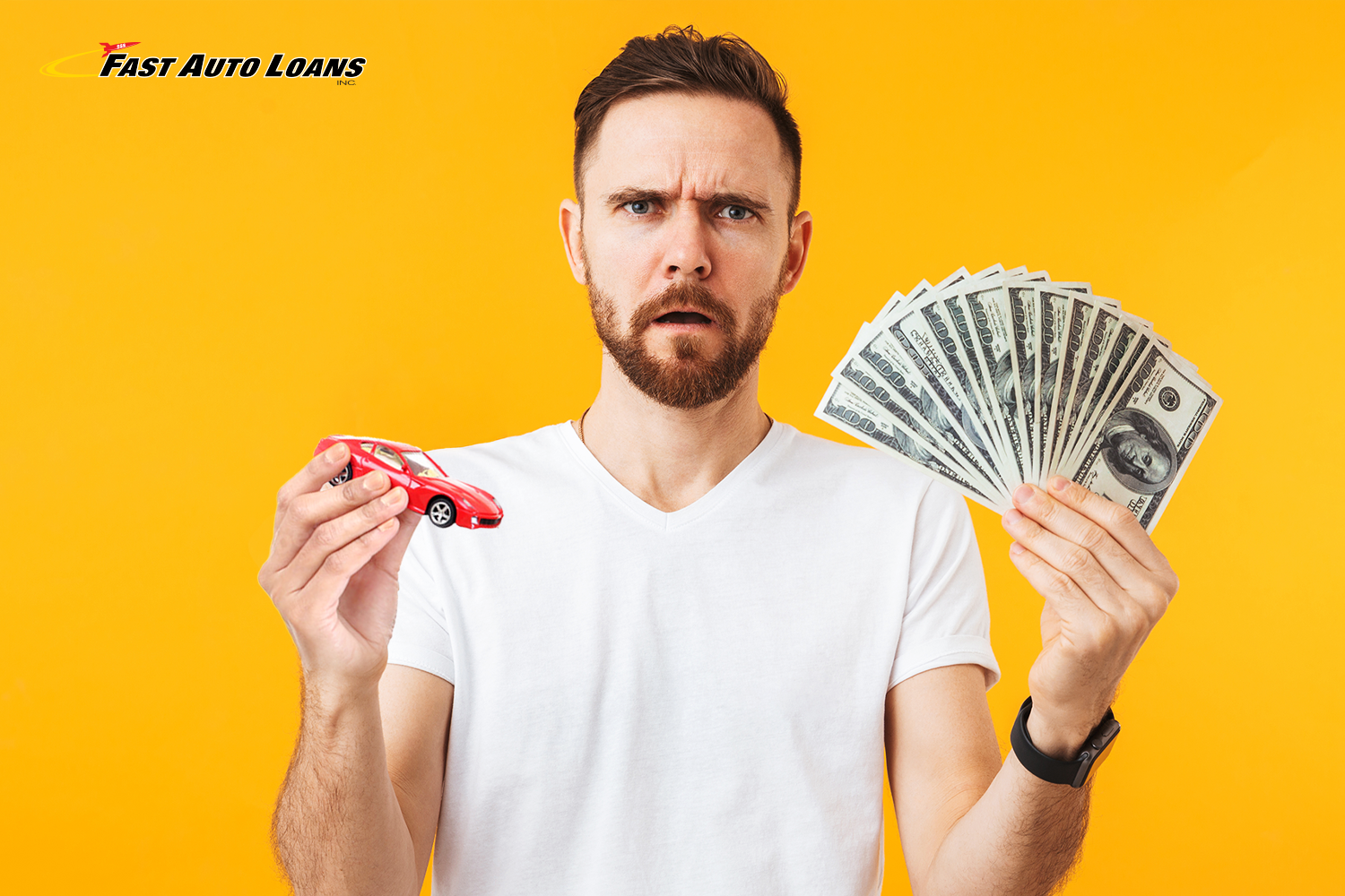 man holds toy car and cash from online title loan