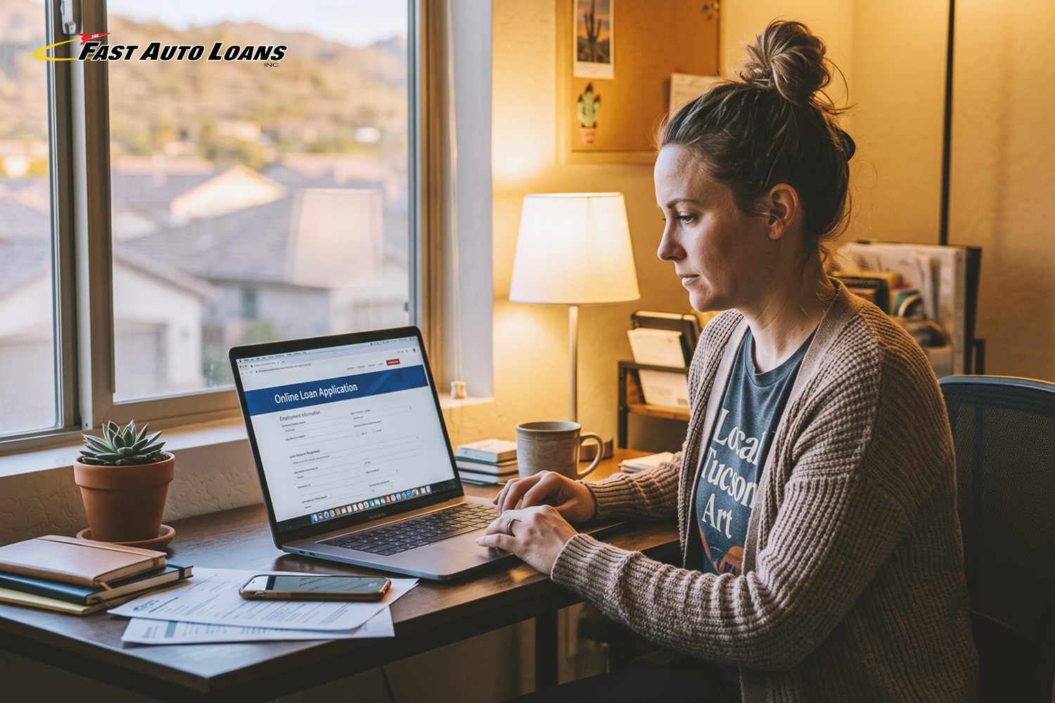 woman sitting at desk applying for a title loan arizona on laptop