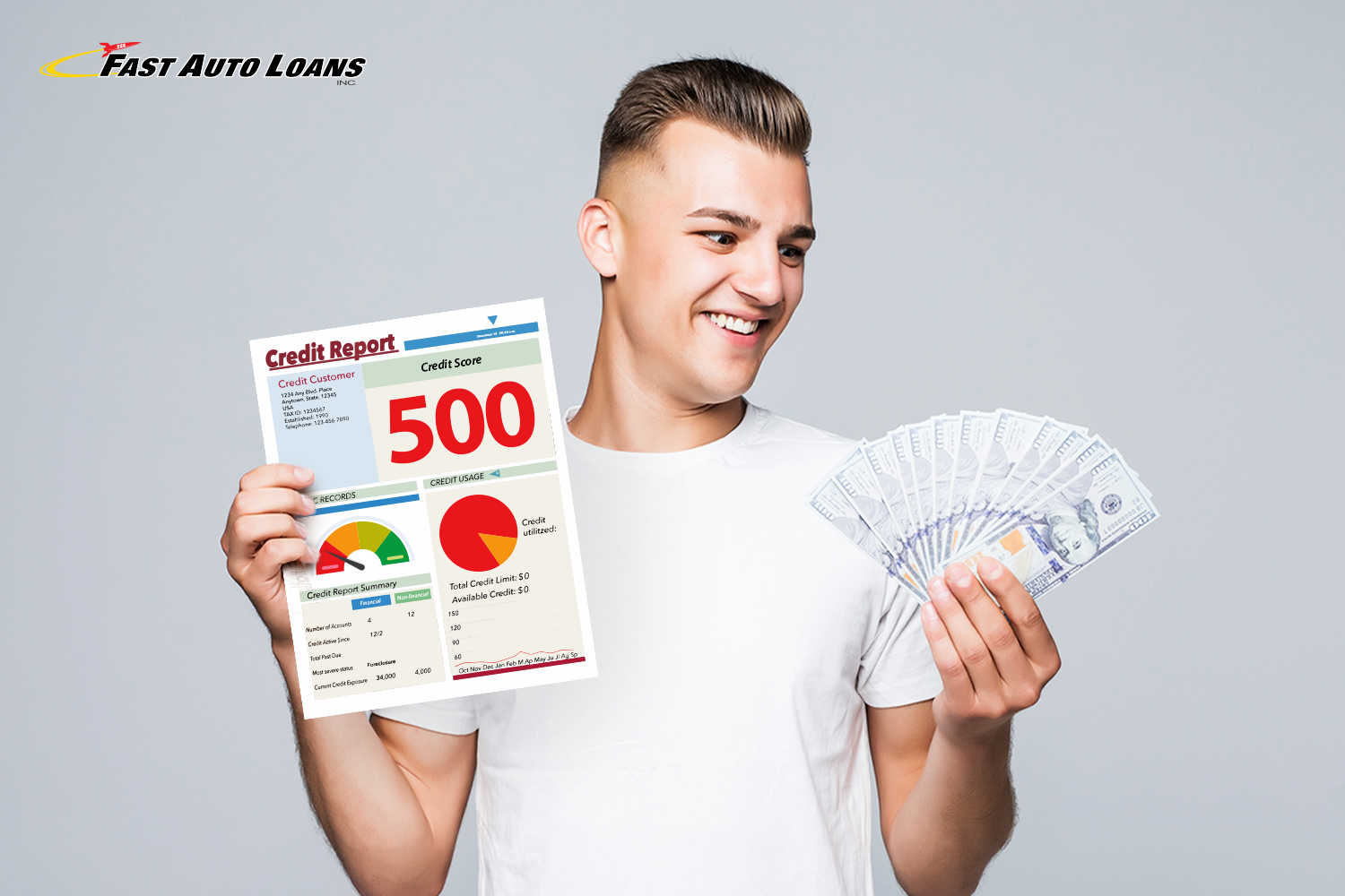 man smiling while looking at title loan cash in hand and holding bad credit report