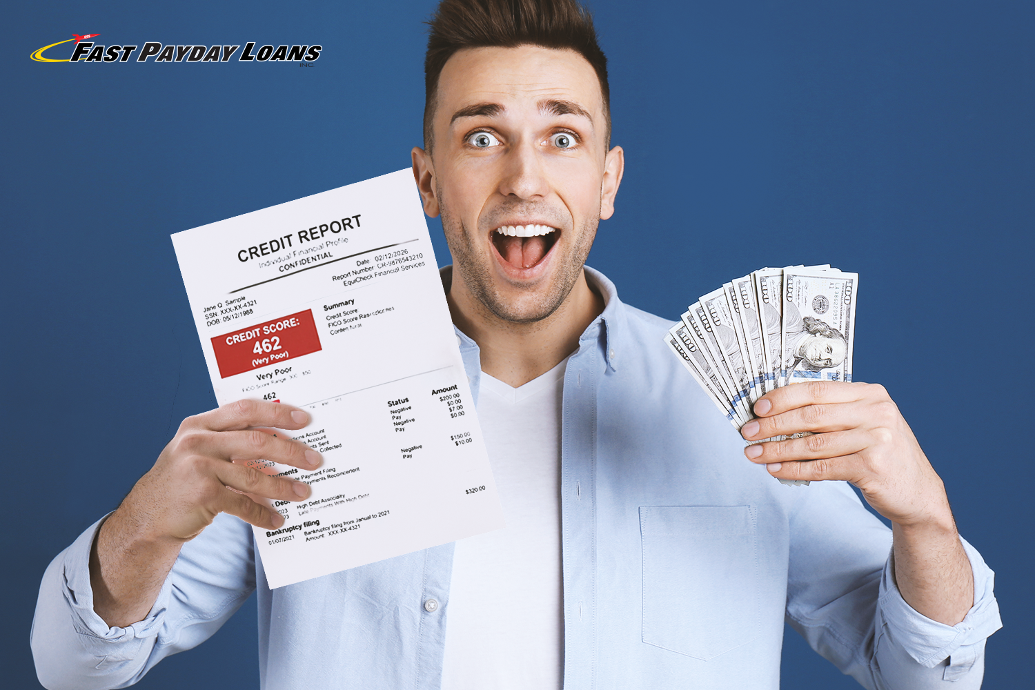 man holds bad credit report and $1,000 from payday loan