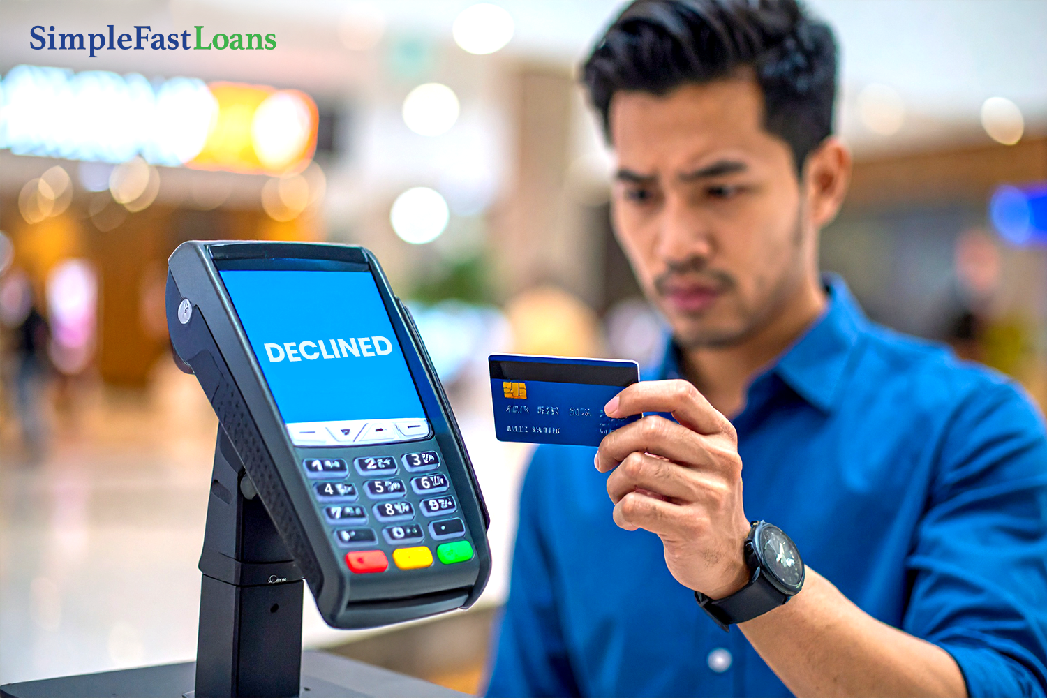 man with debit card confused after card is declined with money