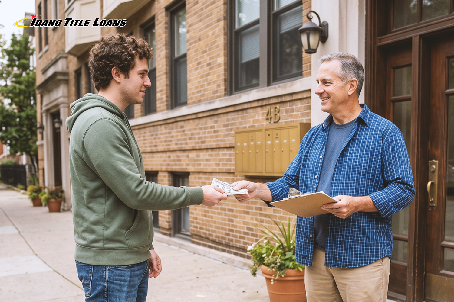 two people shaking hands exchanging money and information