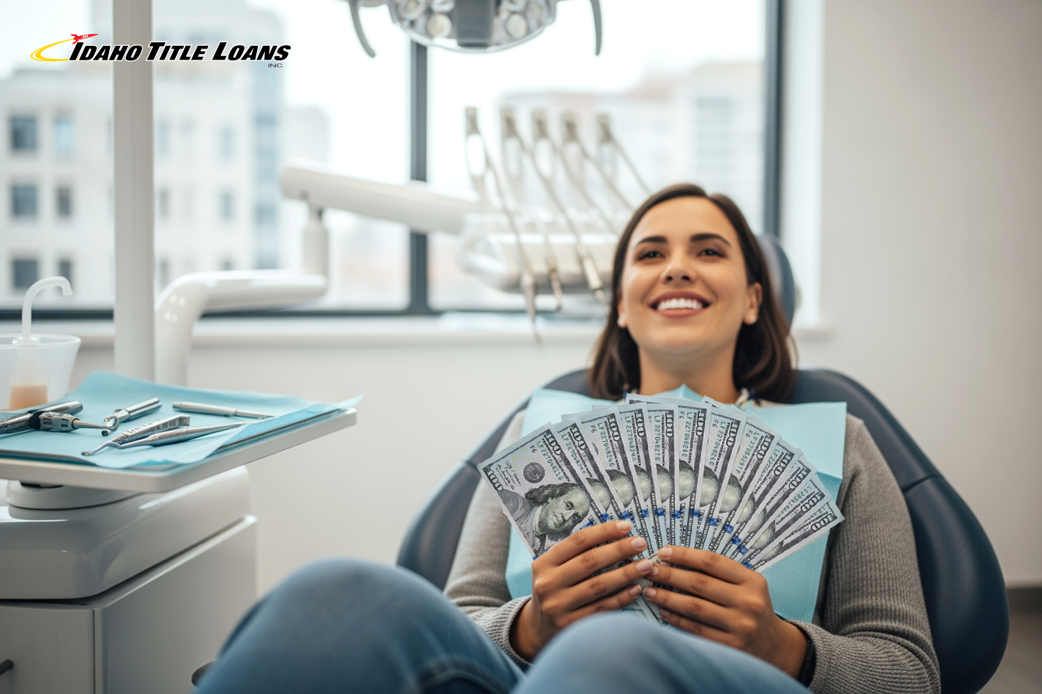woman holding loan cash for urgent dental visit