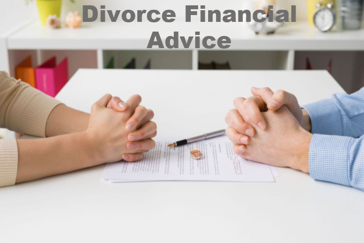 couple sitting at table discussing divorce and how an online title loan can help with text divorce financial advice