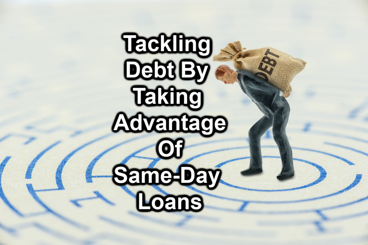 toy of person with debt on back and text Tackling debt by taking advantage of same day loans