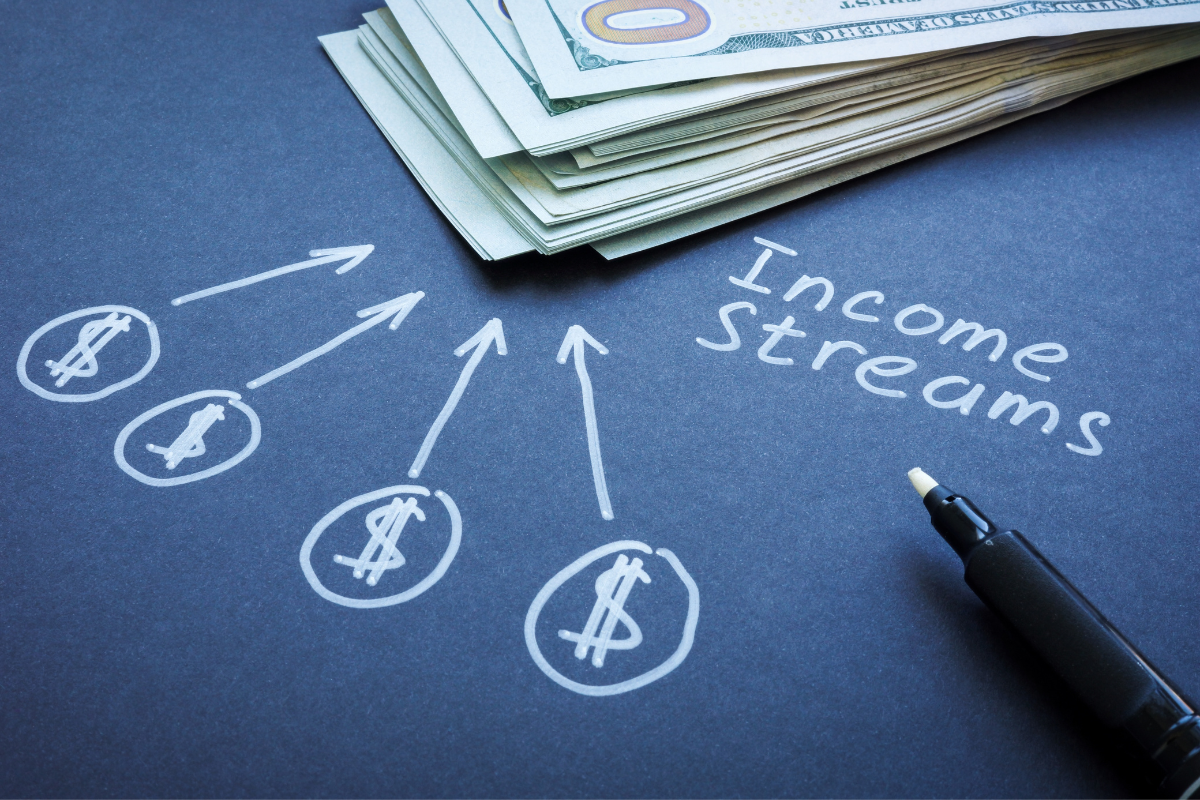 Arrows and text that reads income stream written on table with title loan cash